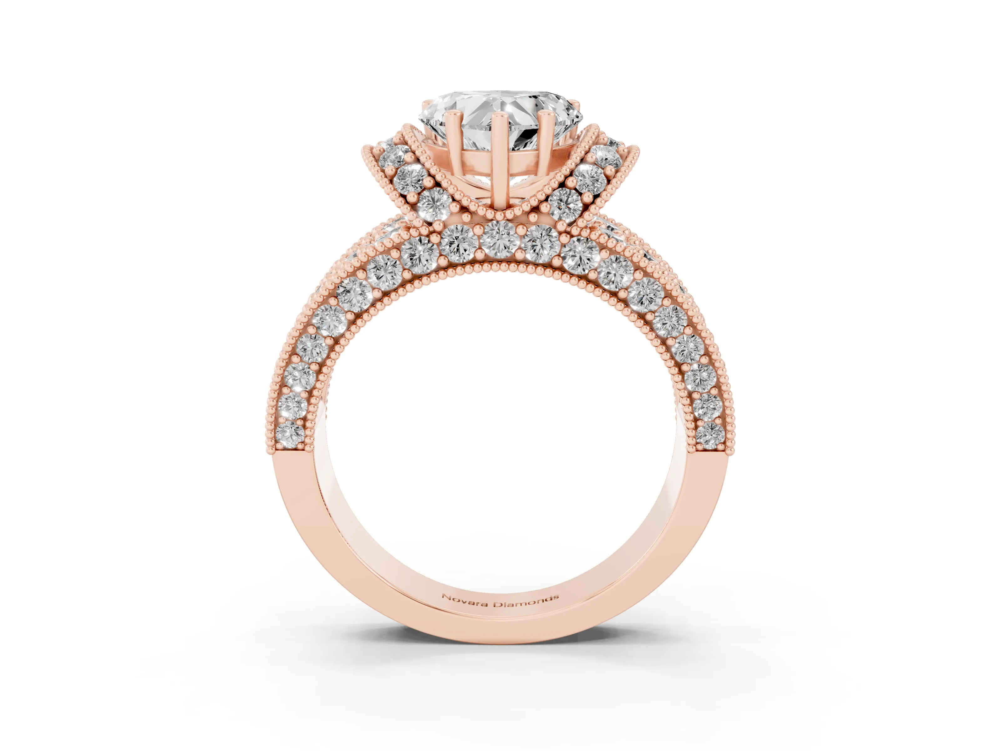 Heart Cut Diamond Milgrain Halo Pavé Engagement Ring Set in Rose gold with Prong Setting