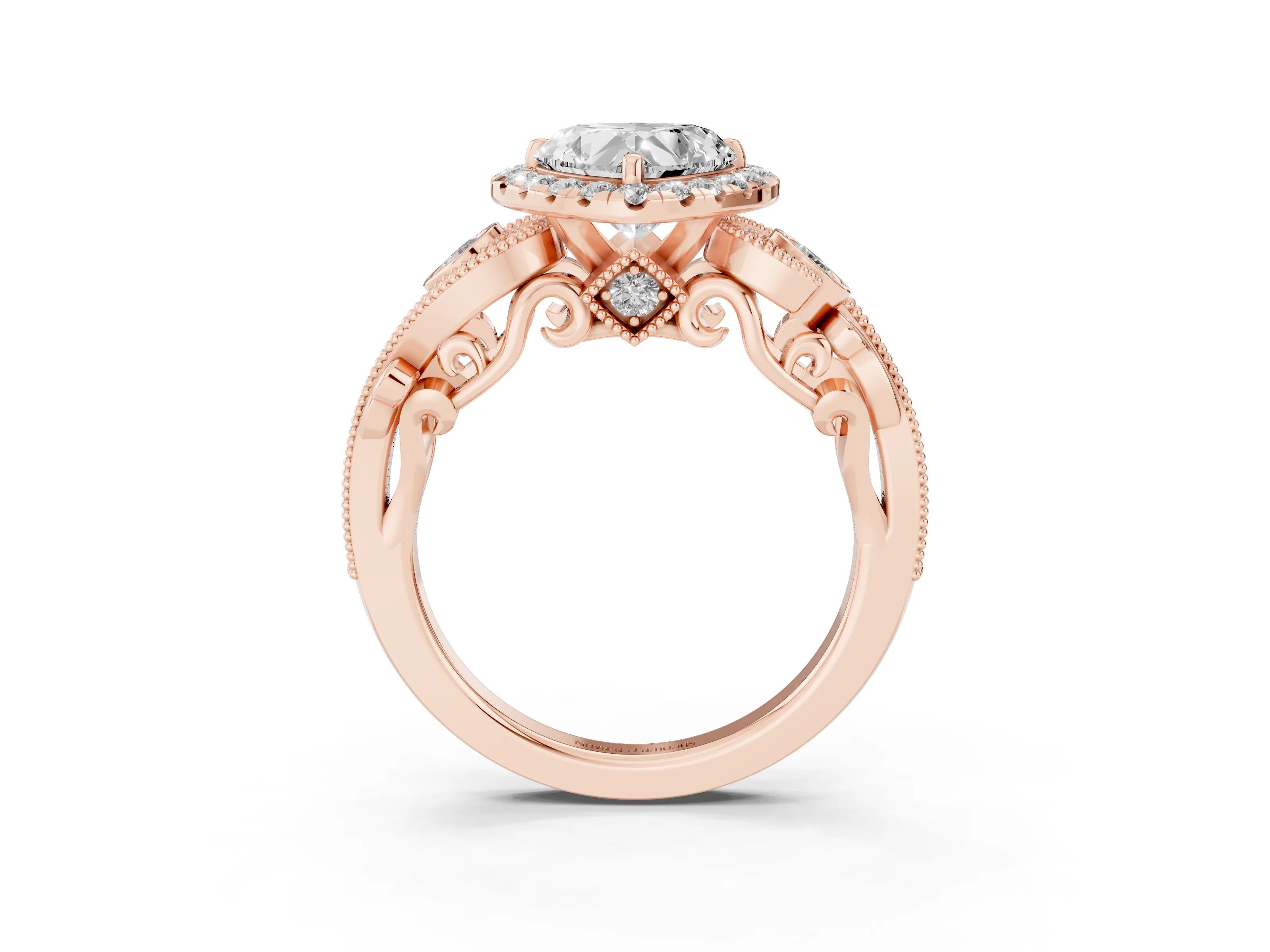 Heart Cut Diamond Halo Ring Set in Rose gold with Milgrain Pavé Band and Prong Setting