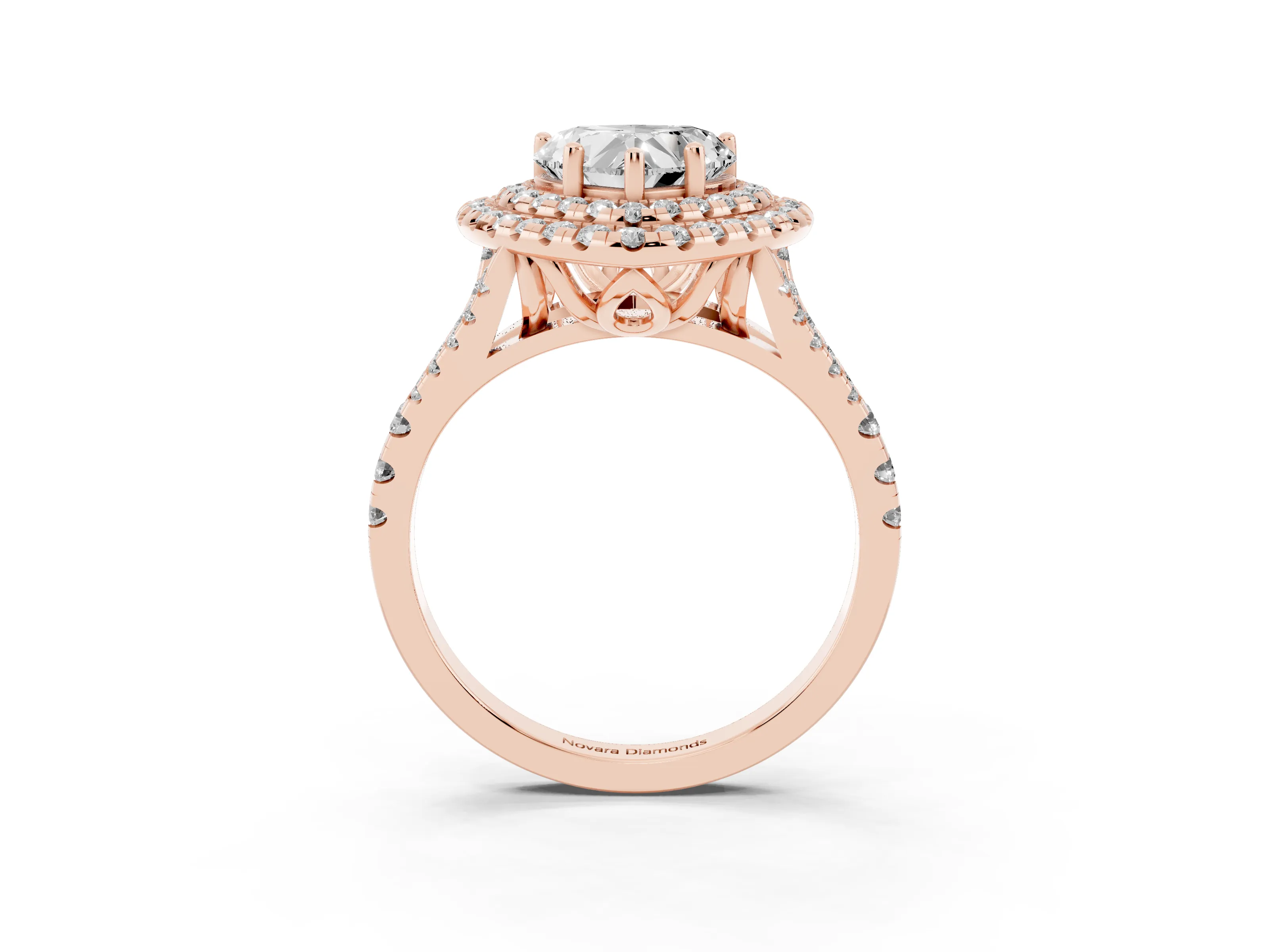 Heart Cut Diamond Double Halo Ring Set in Rose gold with Pavé Split Shank and Prong Setting