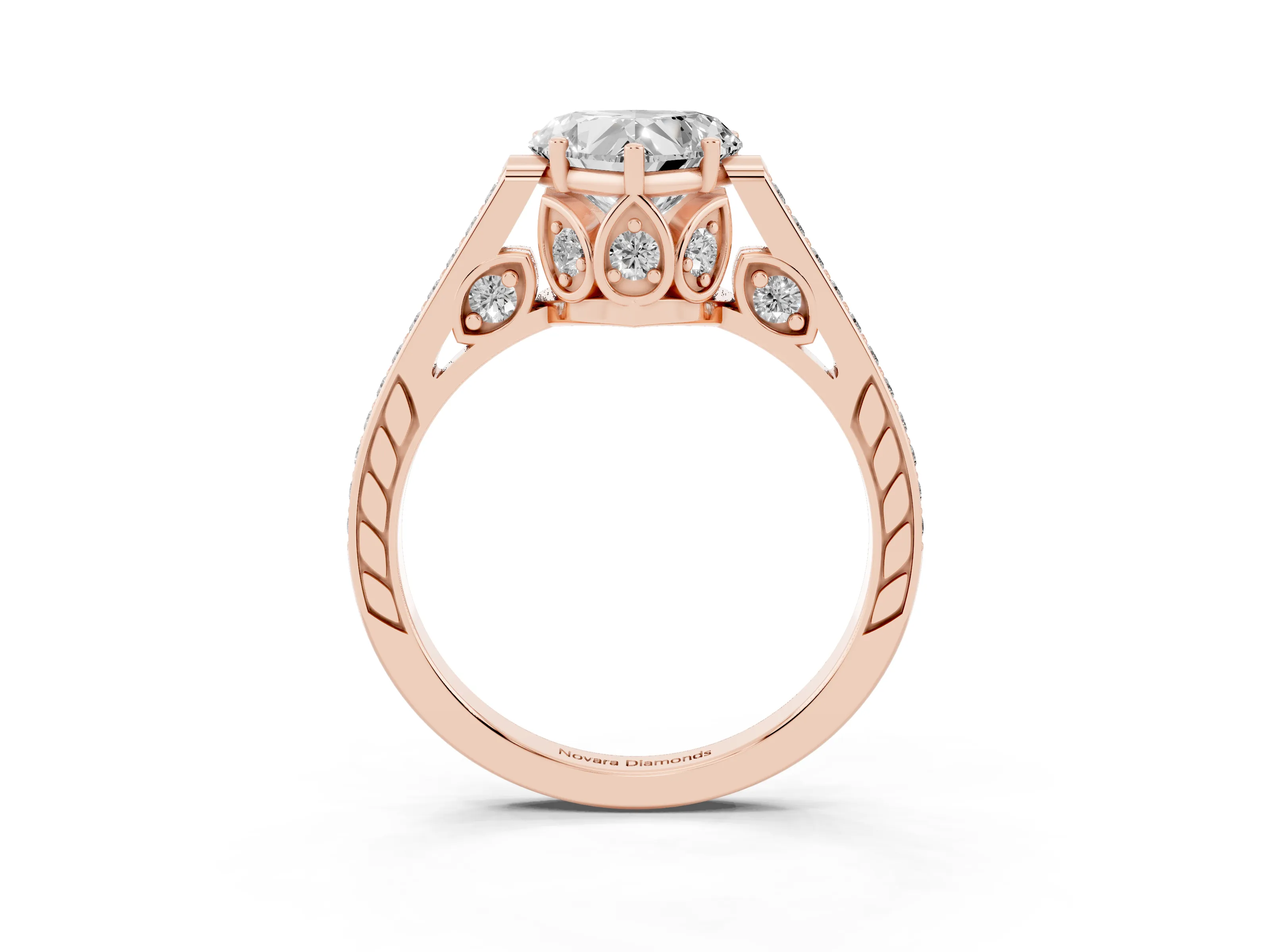 Heart Cut Diamond Cathedral Pavé Engagement Ring Set in Rose gold with Prong Setting