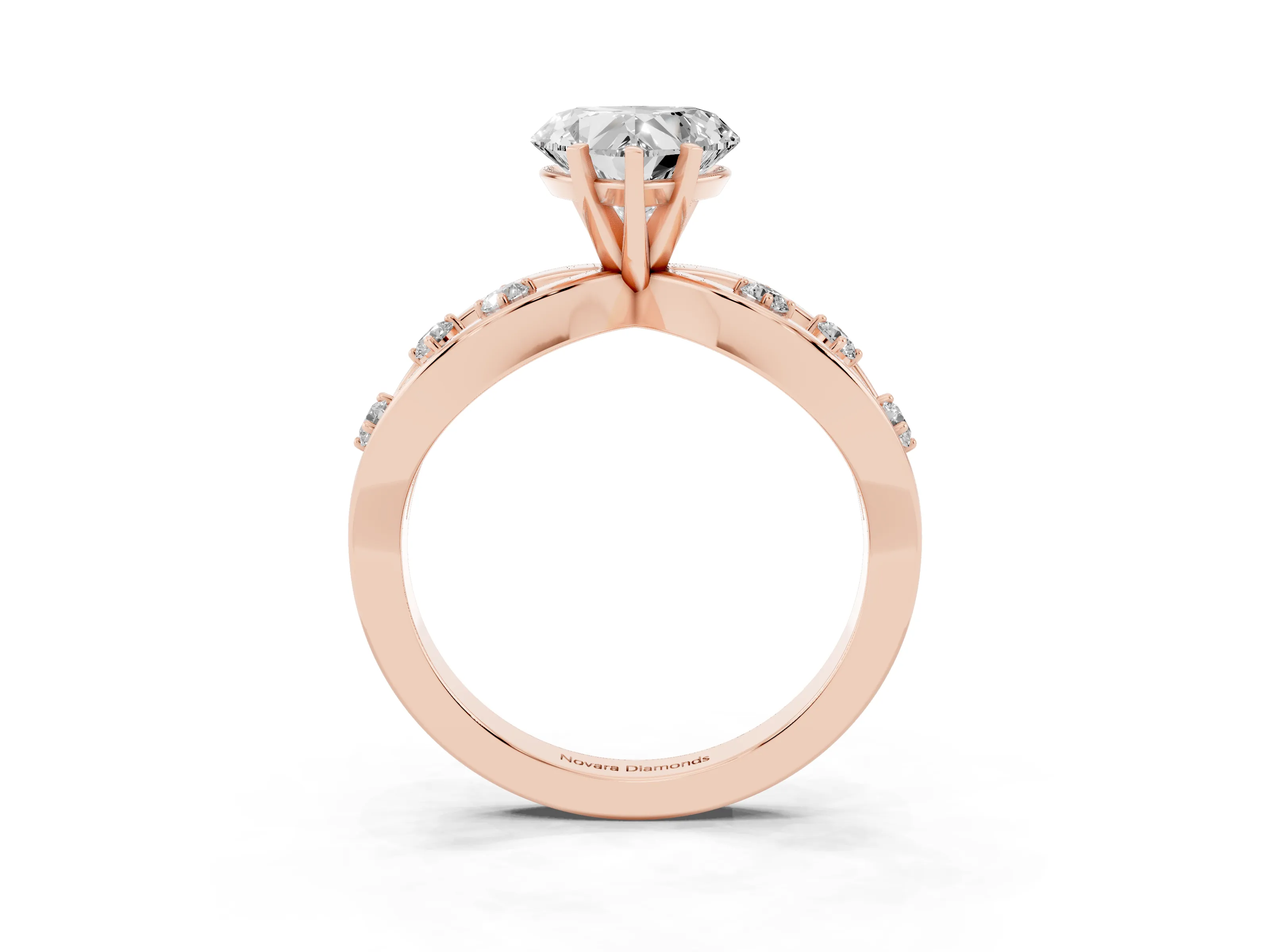 Heart Cut Diamond Solitaire Ring Set in Rose gold with Side Stones on Criss-Cross Band and Prong Setting