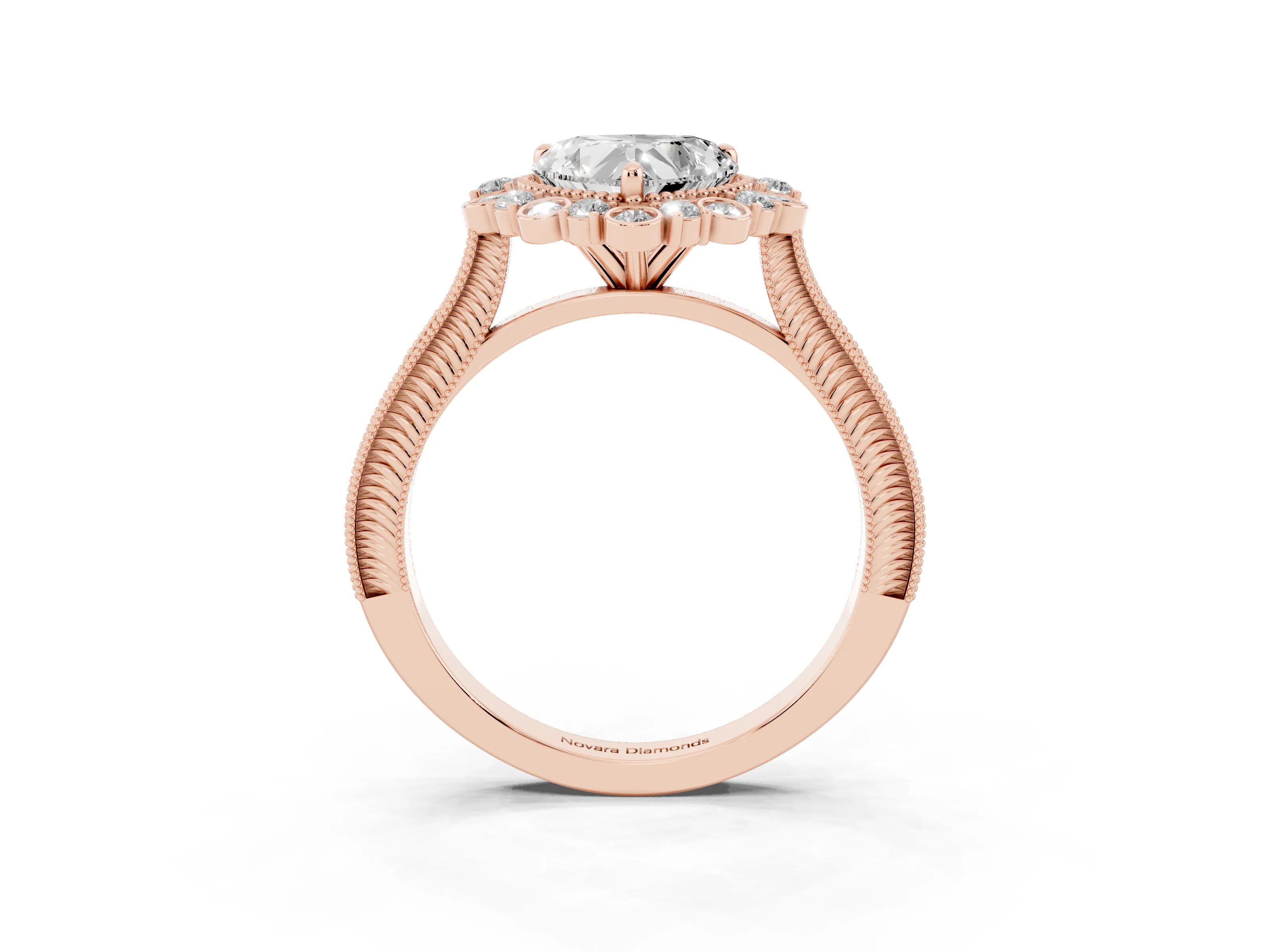 Heart Cut Diamond Halo Milgrain Pavé Ring Set in Rose gold with Prong Setting