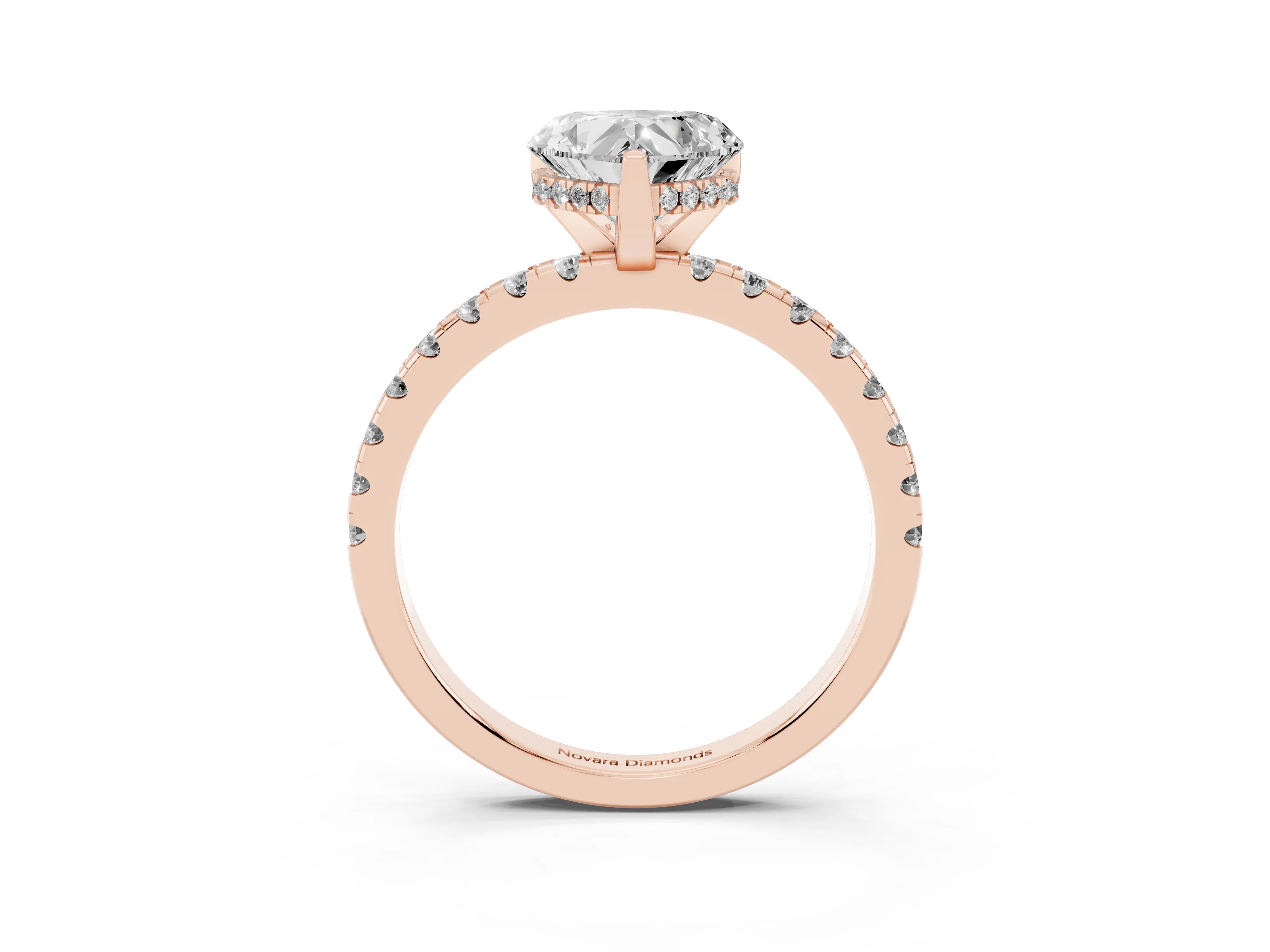 Heart Cut Diamond Pavé Solitaire Ring Set in Rose gold with Round Band Accents and Prong Setting