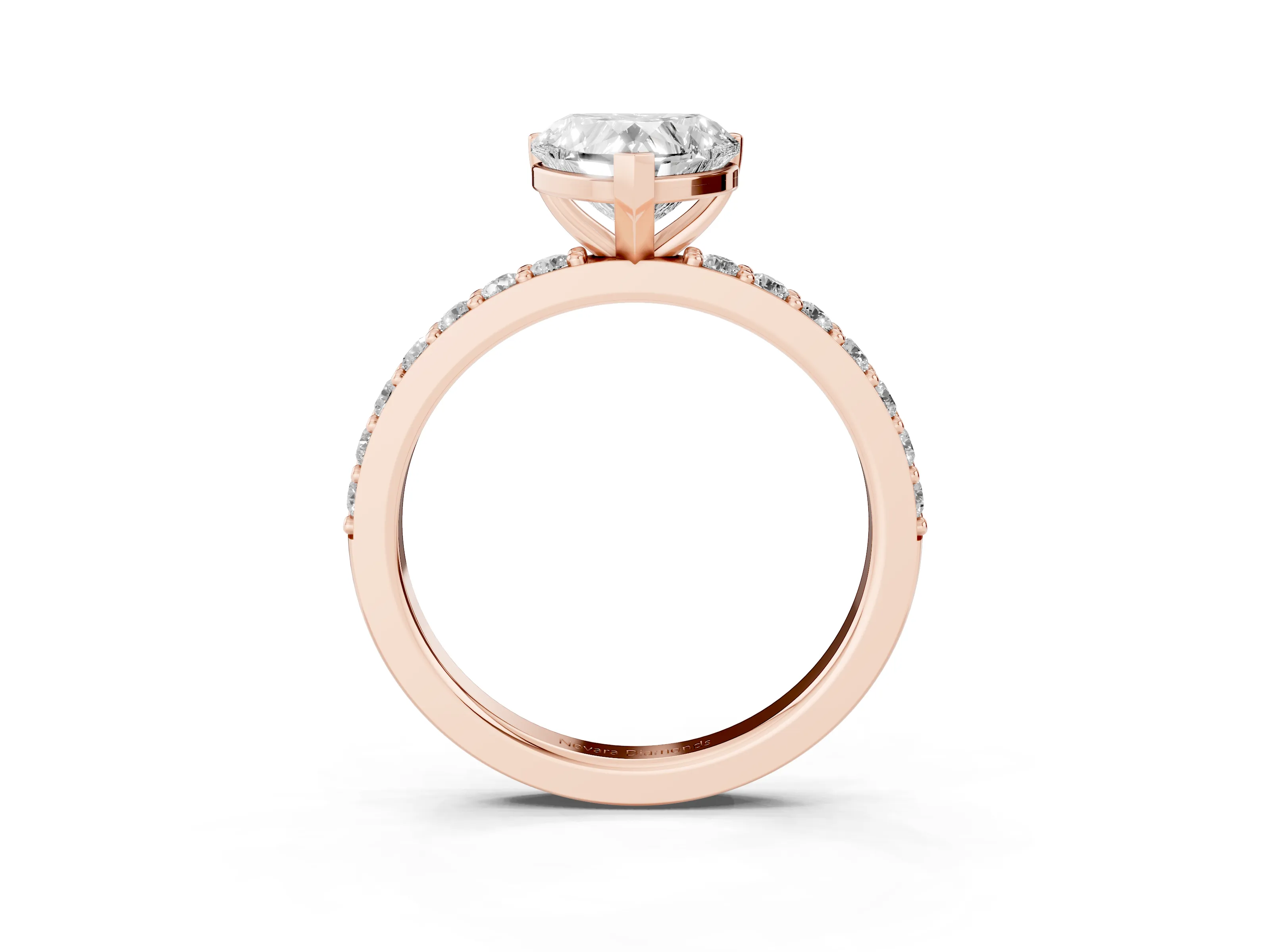 Heart Cut Diamond Solitaire Set in Rose gold with Round Pavé Band and Prong Setting