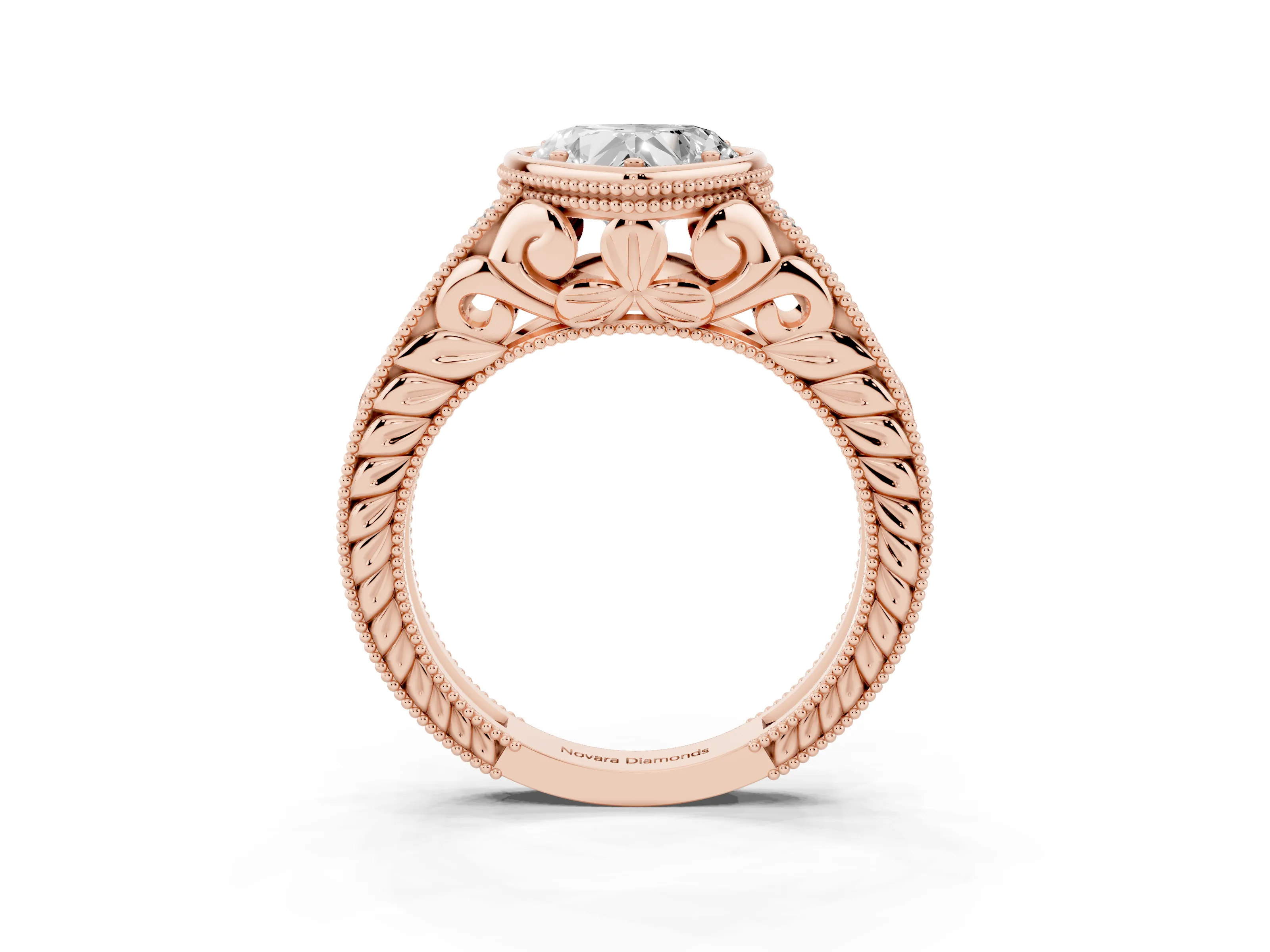 Bezel Set Heart Cut Diamond Milgrain Pavé Engagement Ring Set in Rose gold