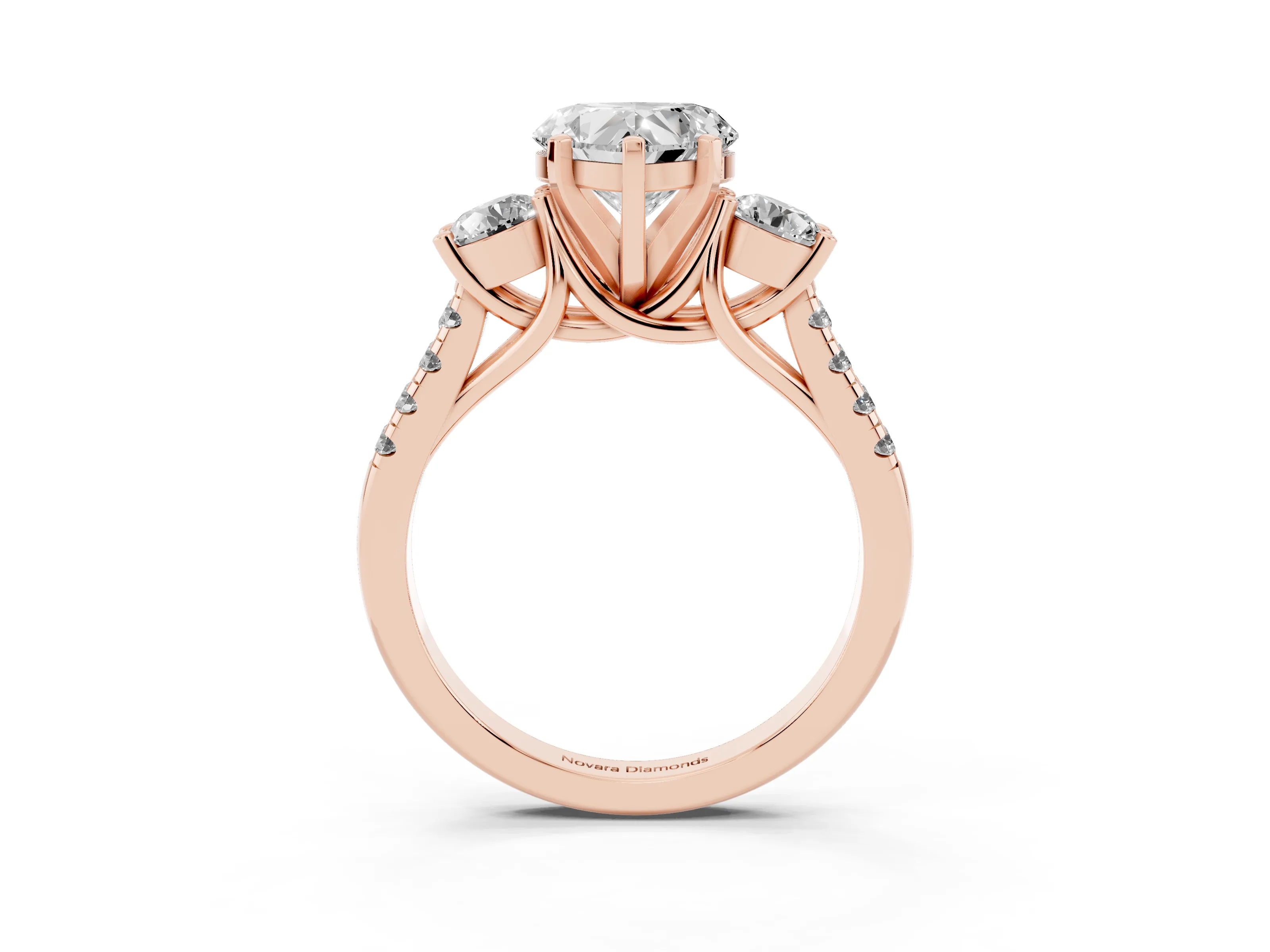 Three-Stone Heart Cut Diamond Pavé Band Ring Set in Rose gold with Prong-Set Trio