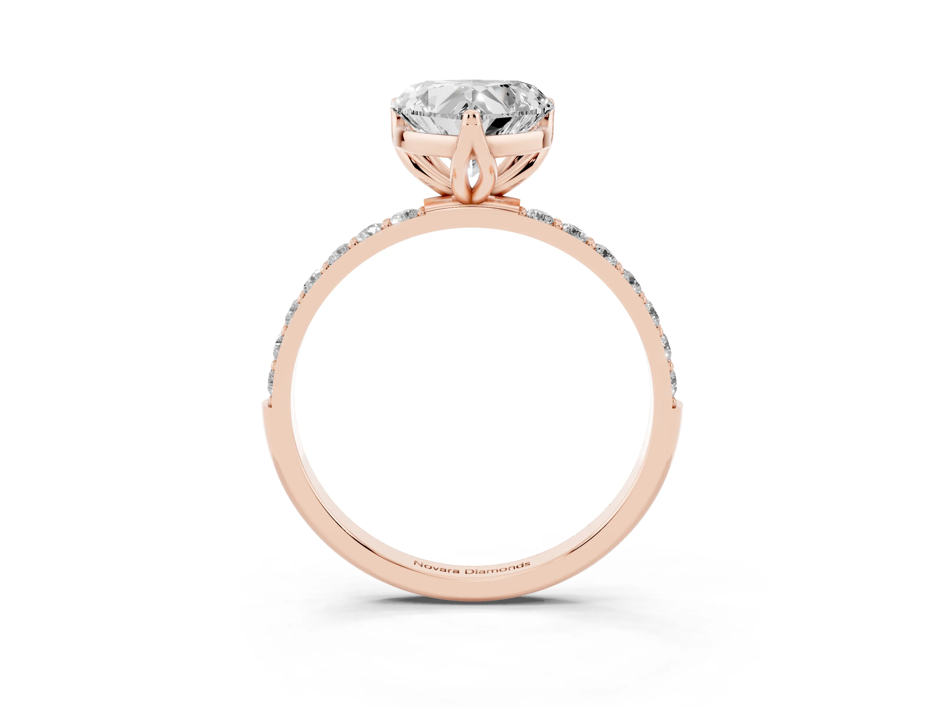 Heart Cut Diamond Solitaire Engagement Ring Set in Rose gold with Round Pavé Band and Prong Setting