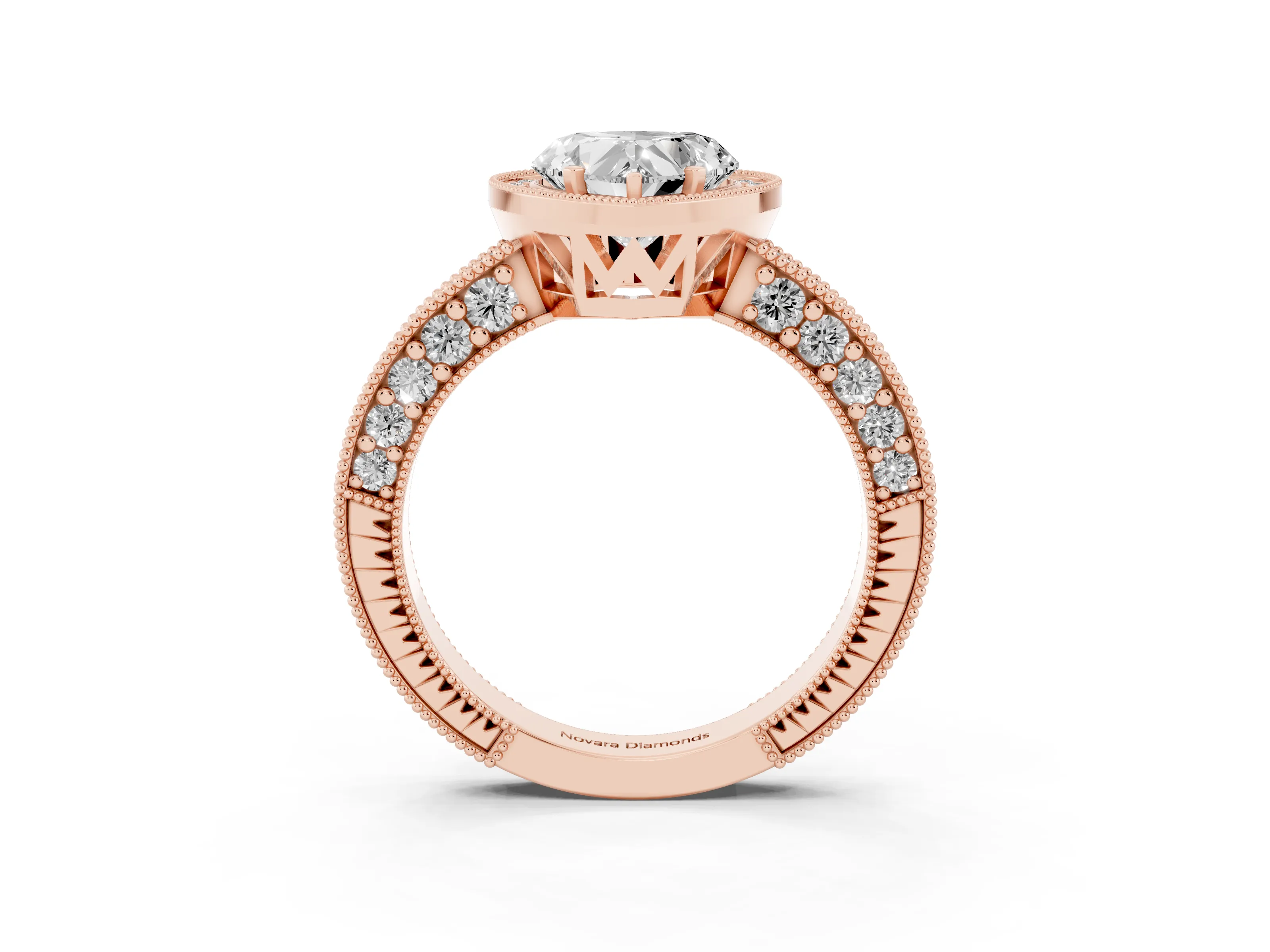 Heart Cut Diamond Halo Pavé Band Ring Set in Rose gold with Prong-Set Center