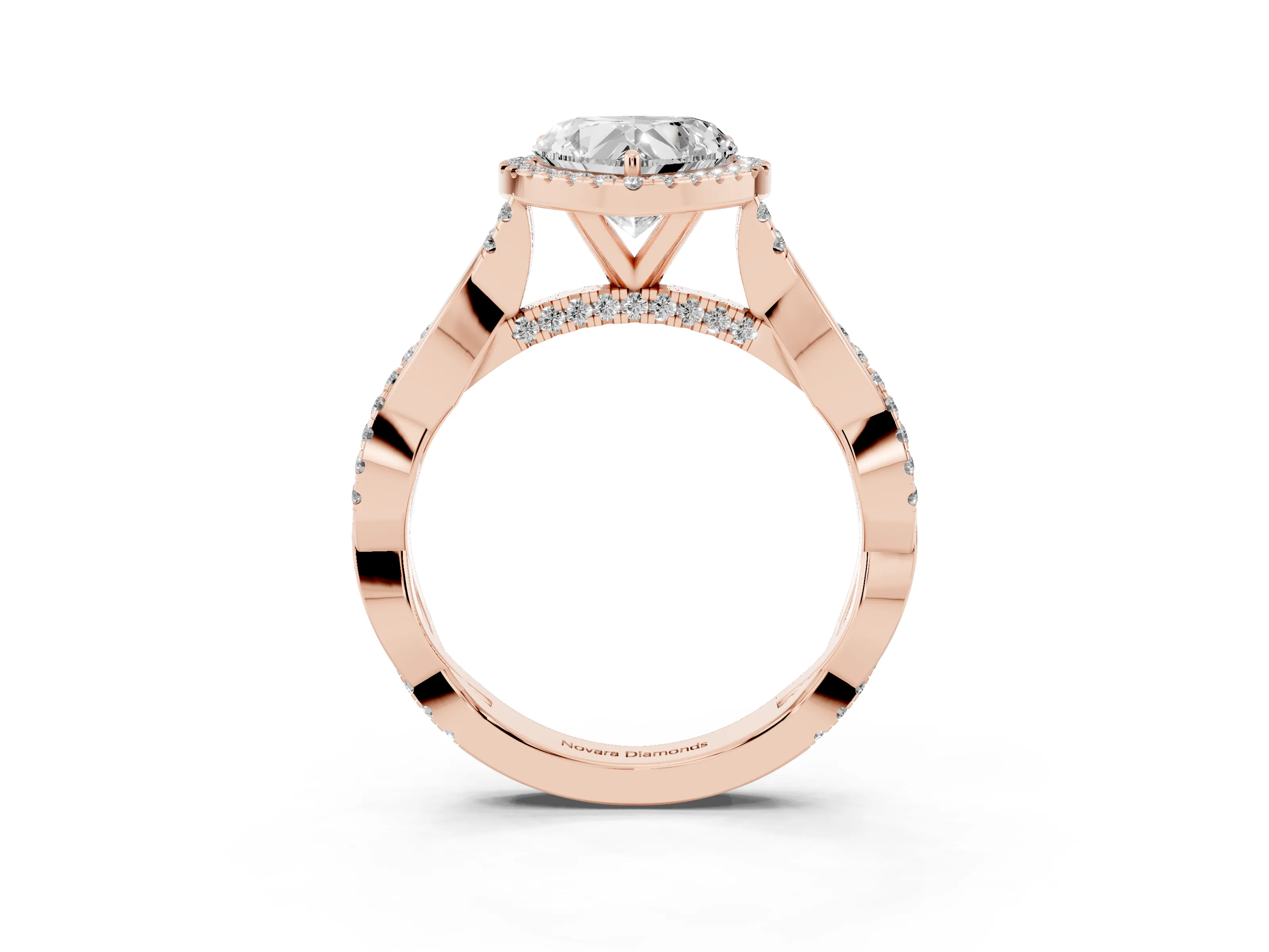 Heart Cut Diamond Halo Twist Band Solitaire Ring Set in Rose gold with Prong Setting