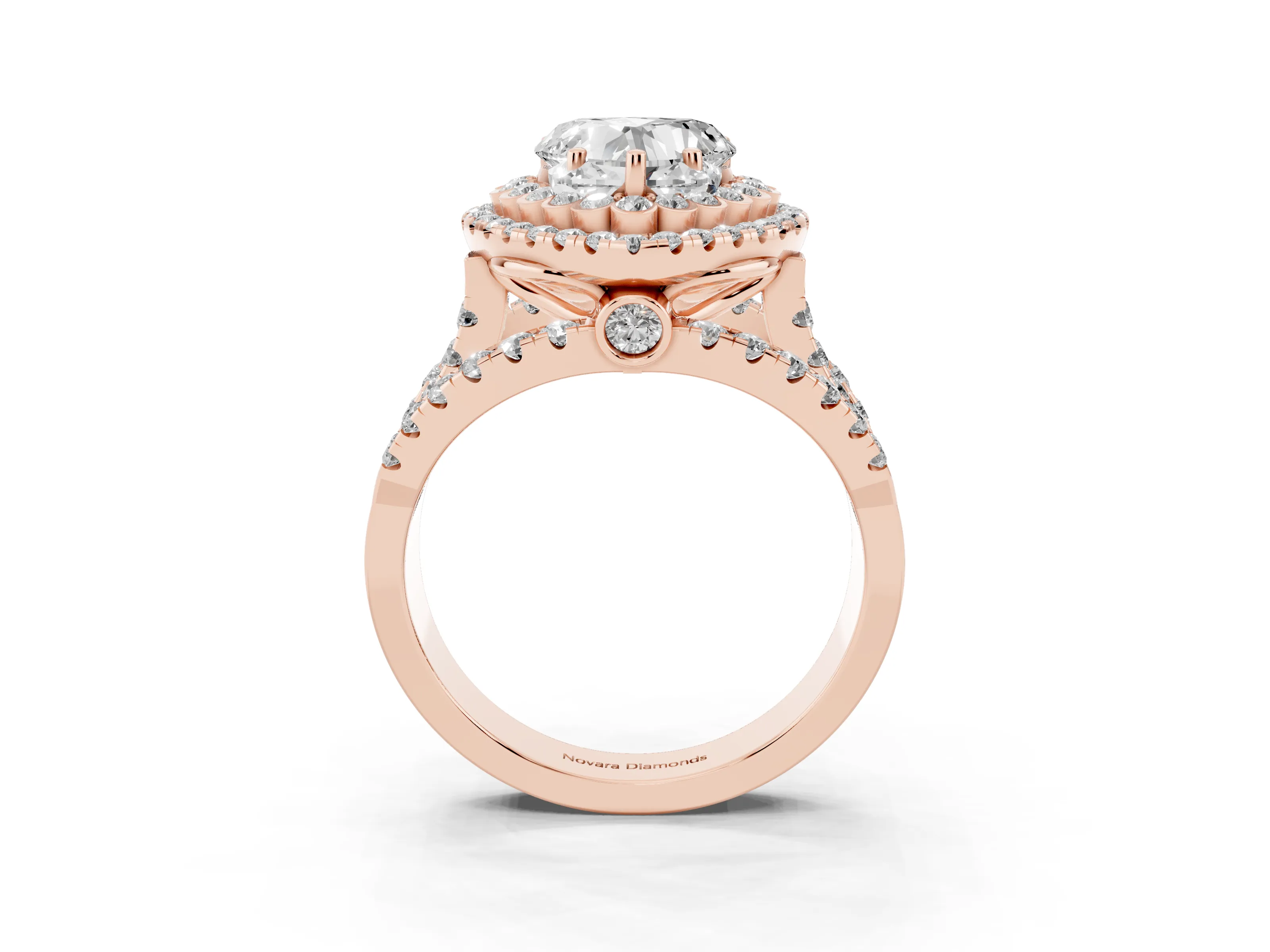 Heart Cut Diamond Double Halo Ring Set in Rose gold with Round Pavé Split Shank