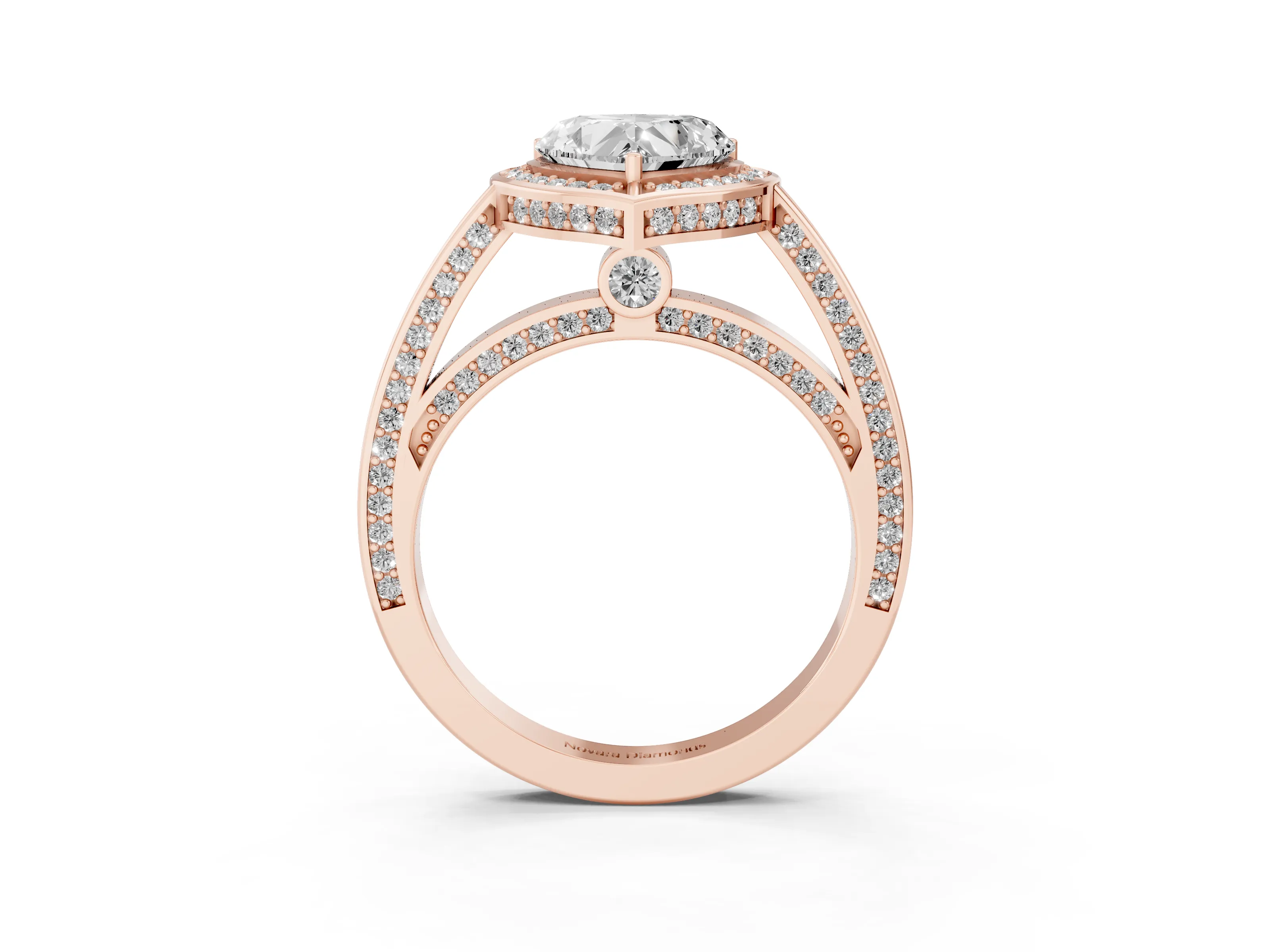 Heart Cut Diamond Halo Pavé Split Shank Ring Set in Rose gold with Prong Setting
