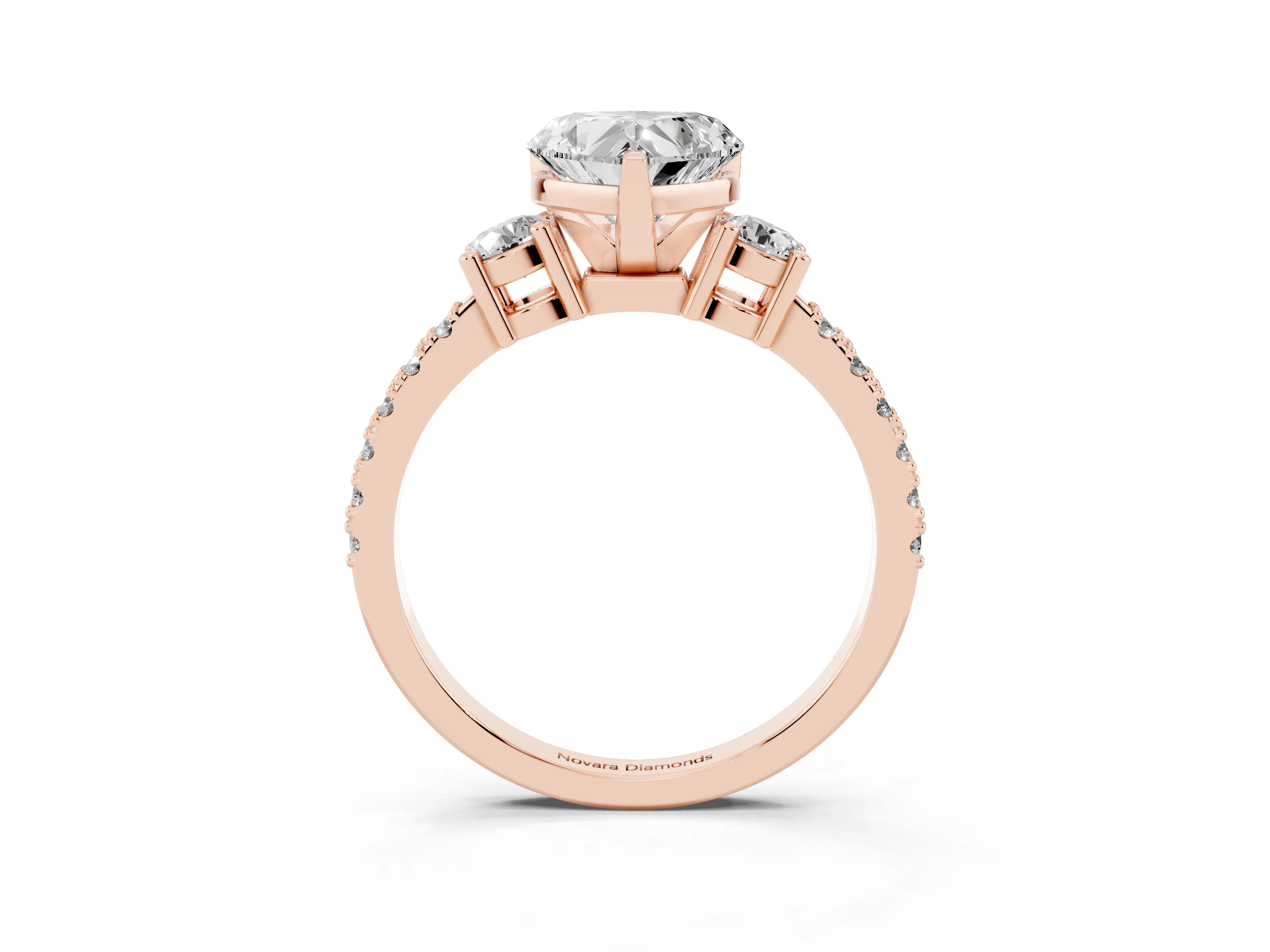 Three-Stone Heart Cut Diamond Pavé Band Ring Set in Rose gold with Prong Setting