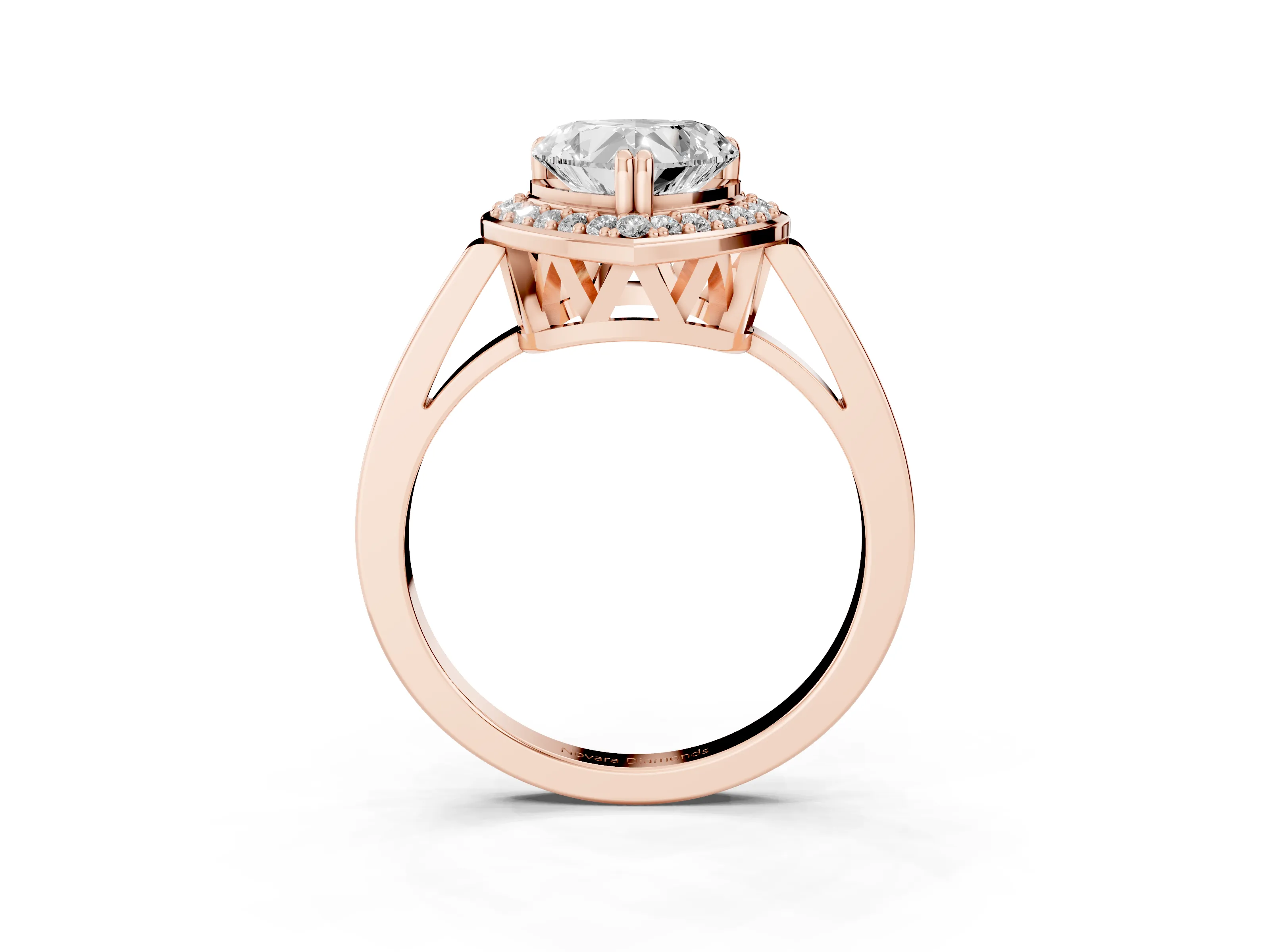 Heart Cut Diamond Halo Ring Set in Rose gold with Accent-Lined Split Shank and Prong Setting