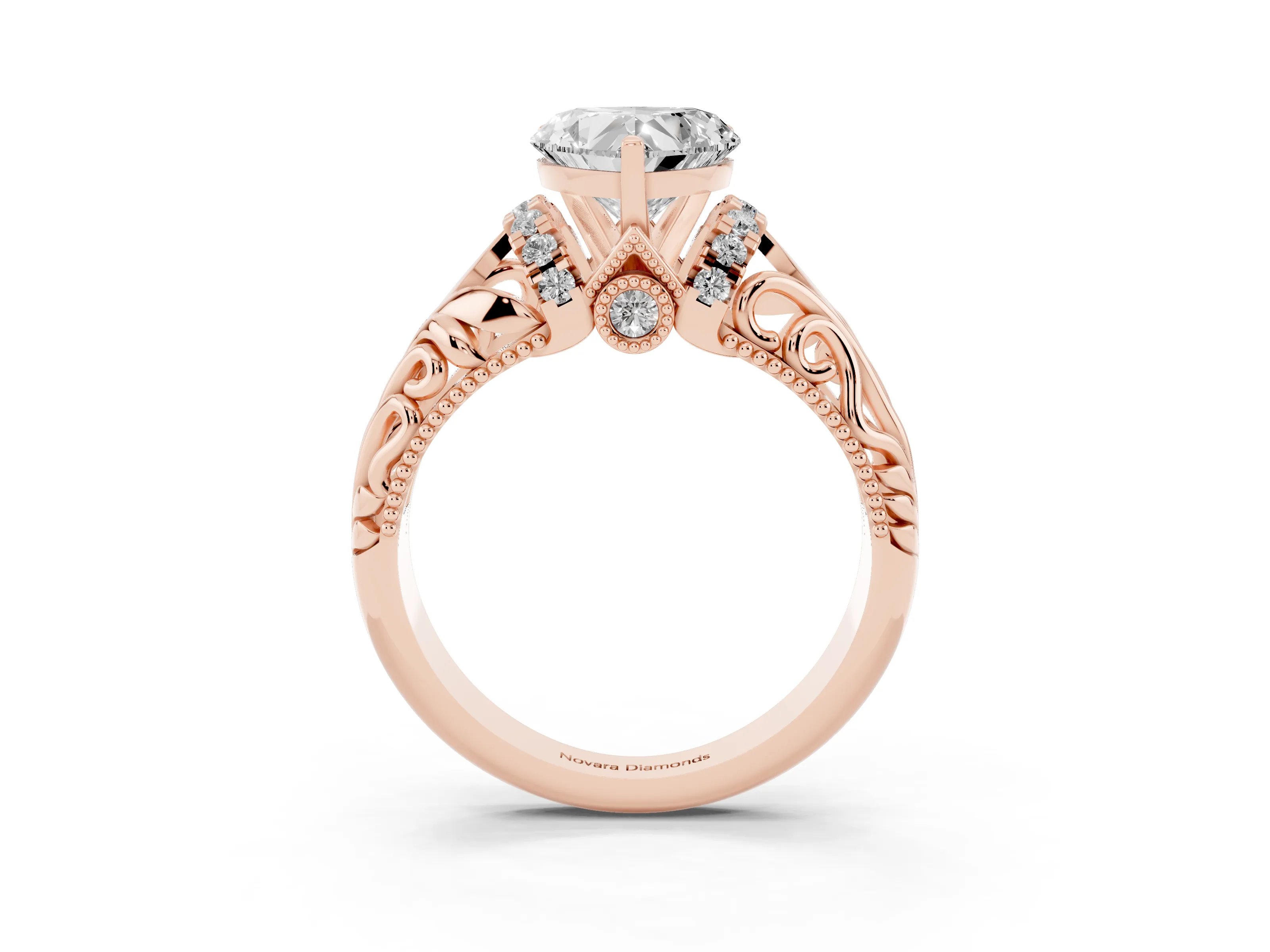 Heart Cut Diamond Filigree Halo Engagement Ring Set in Rose gold with Prong Setting