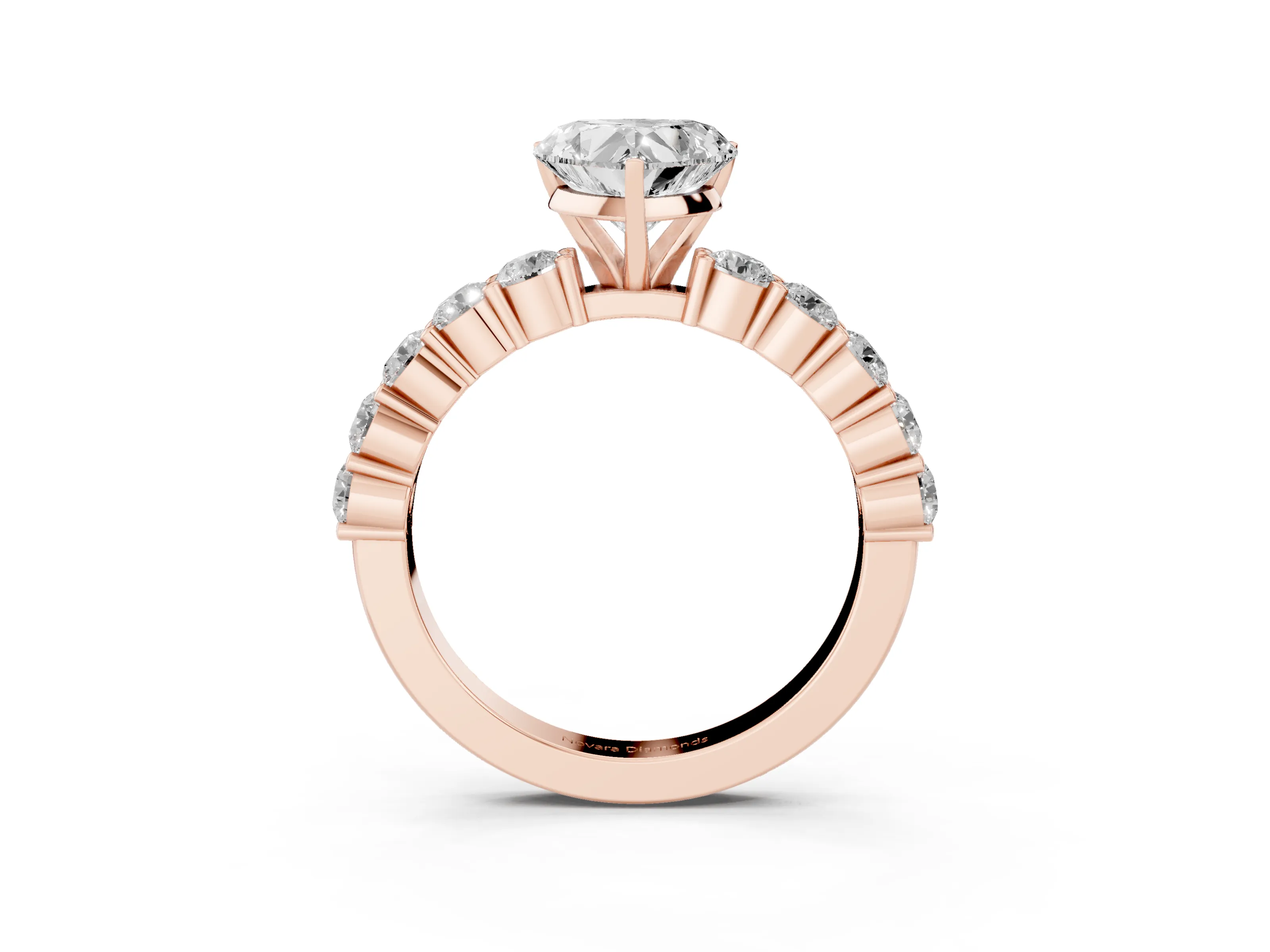 Heart Cut Diamond Solitaire Ring Set in Rose gold with Shared Prong Round Side Stones