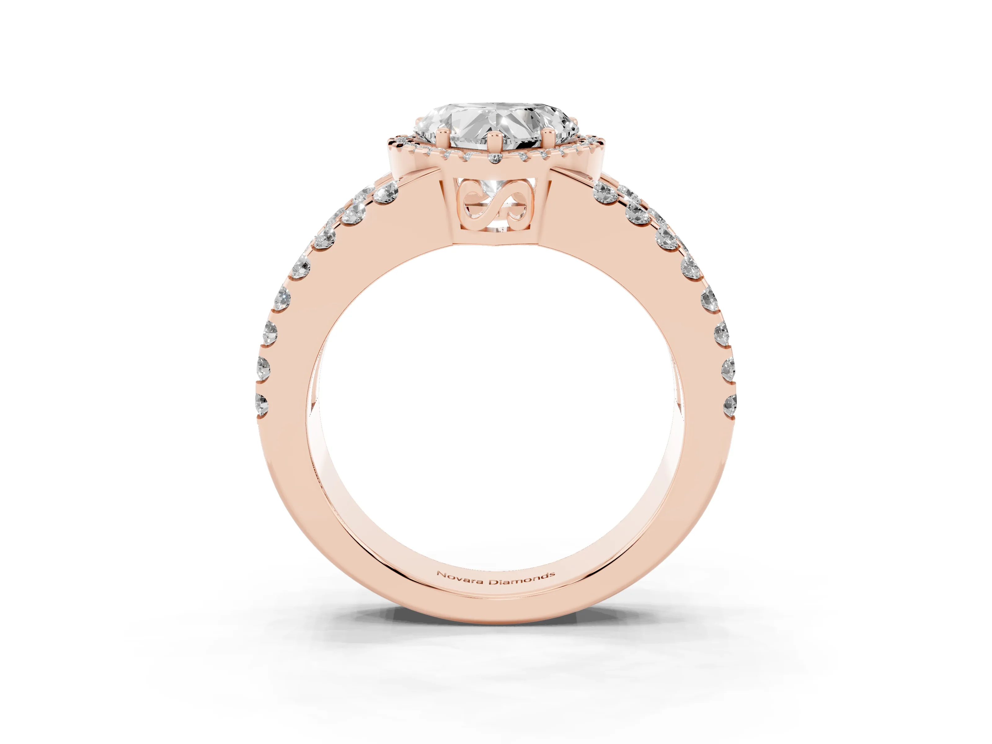 Heart Cut Diamond Halo Ring Set in Rose gold with Pavé Split Shank and Prong Setting