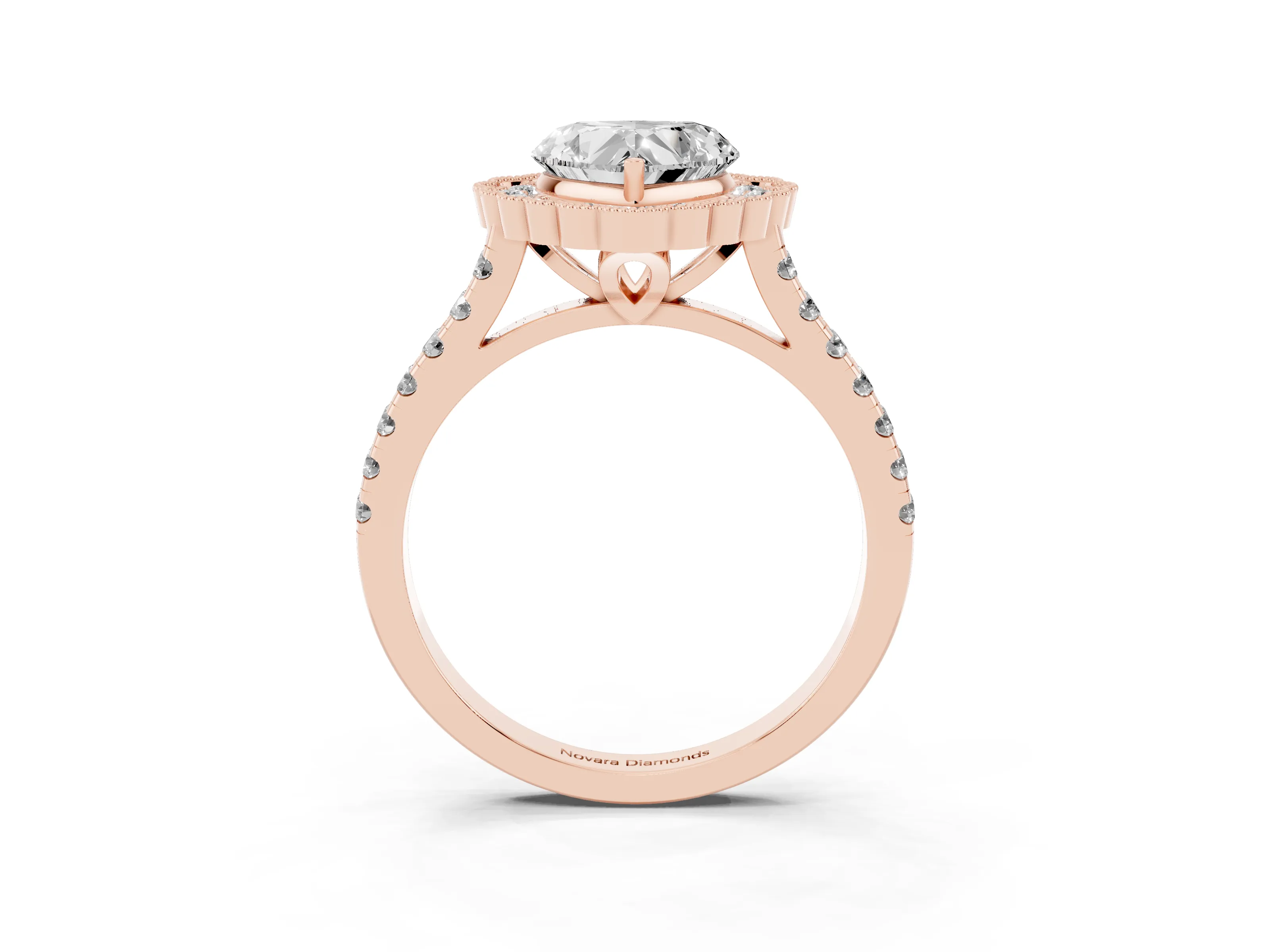 Heart Cut Diamond Milgrain Floral Halo Engagement Ring Set in Rose gold with Pavé Band