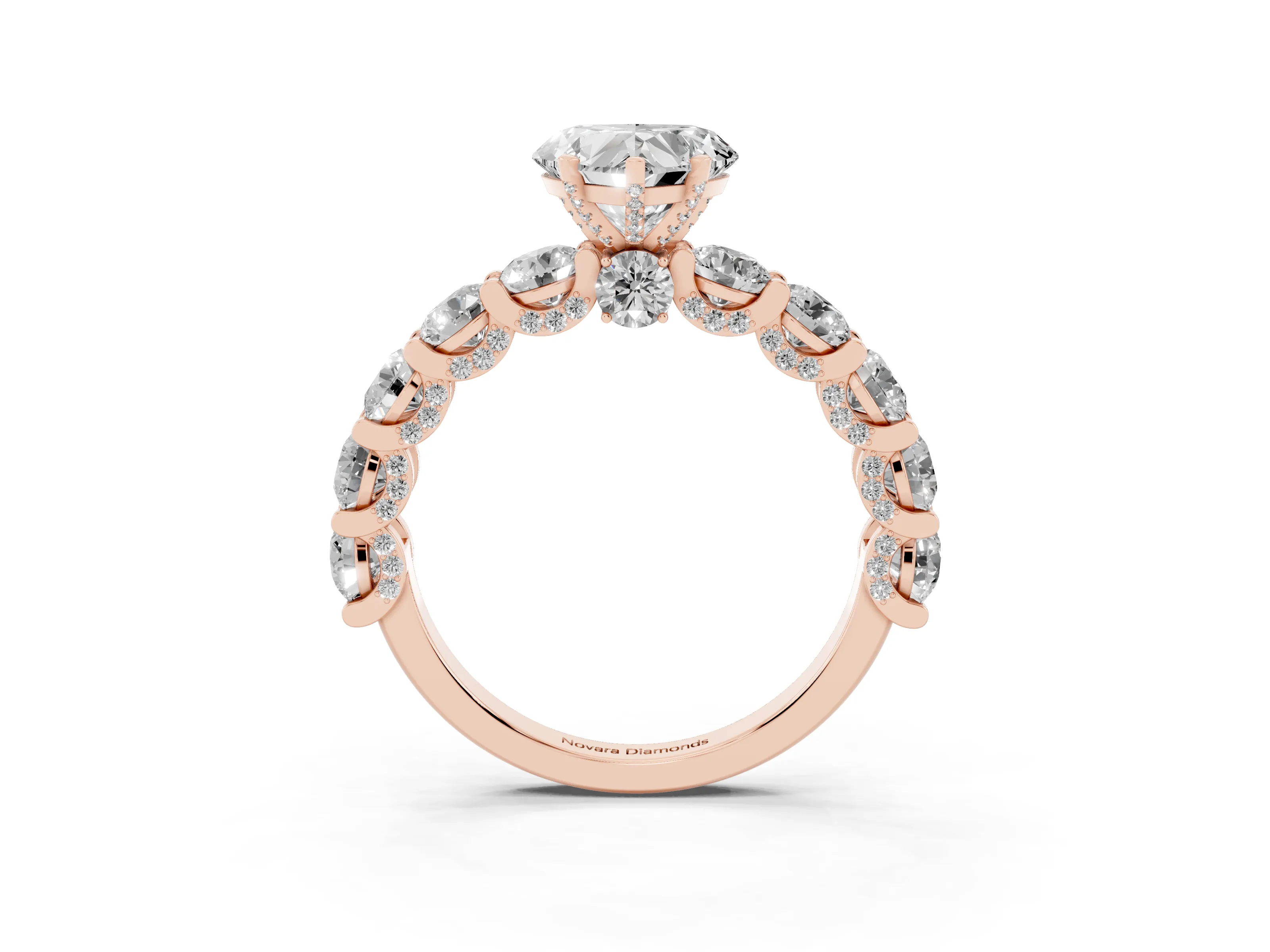 Heart Cut Diamond Side Stone Ring Set in Rose gold with Alternating Round and Oval Side Stones