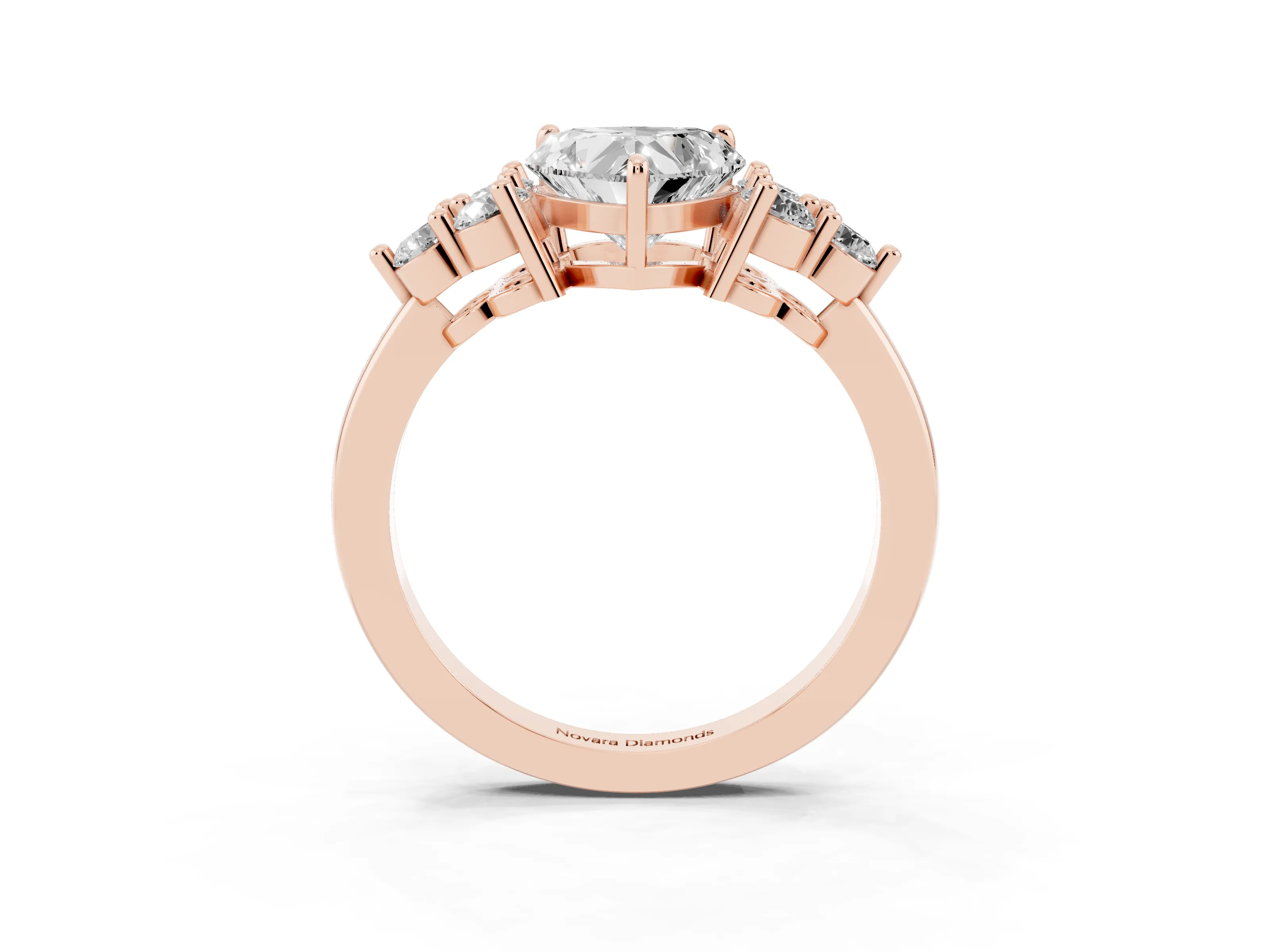 Heart Cut Diamond Solitaire Ring Set in Rose gold with Cluster Accents on Each Side