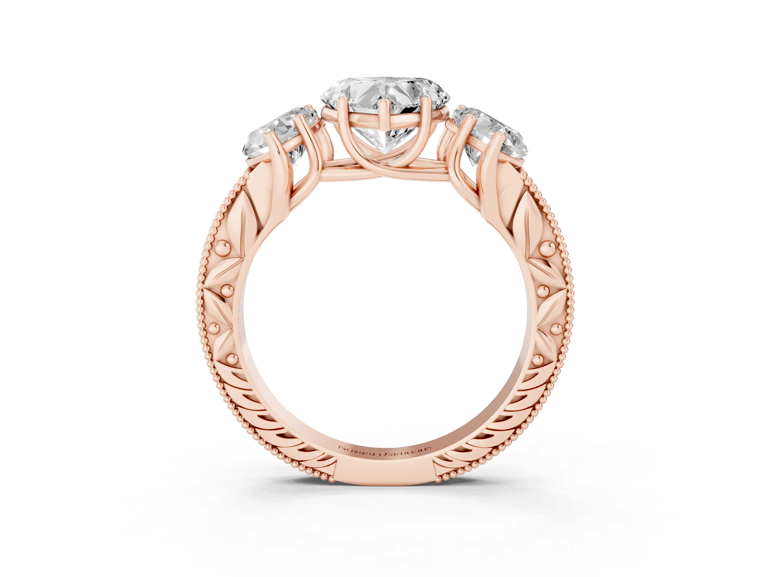 Heart Cut Diamond Three-Stone Engagement Ring Set in Rose gold with Milgrain Pavé Band