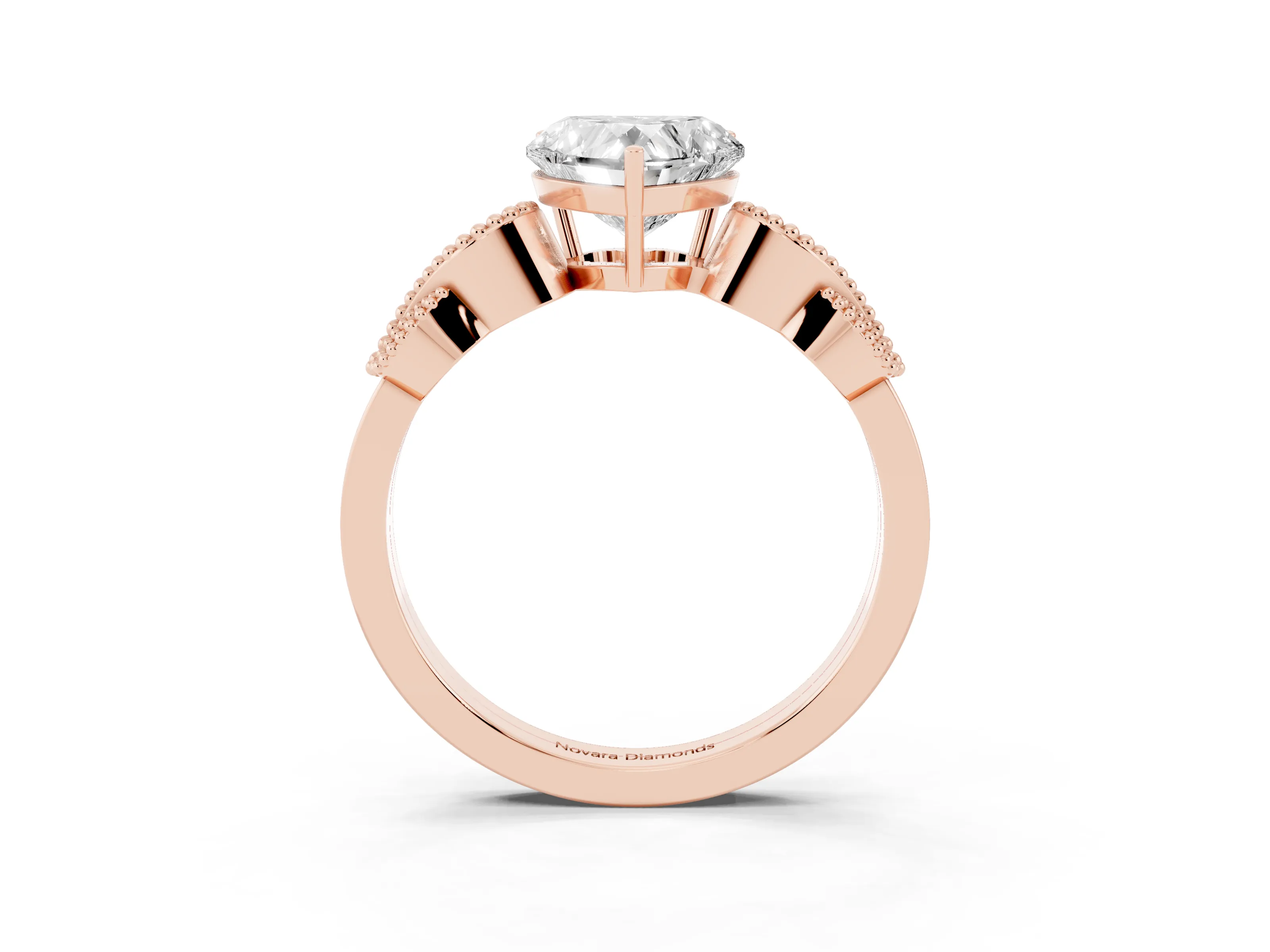 Heart Cut Diamond Milgrain Leaf Band Solitaire Ring Set in Rose gold with Accent Stones and Prong Setting