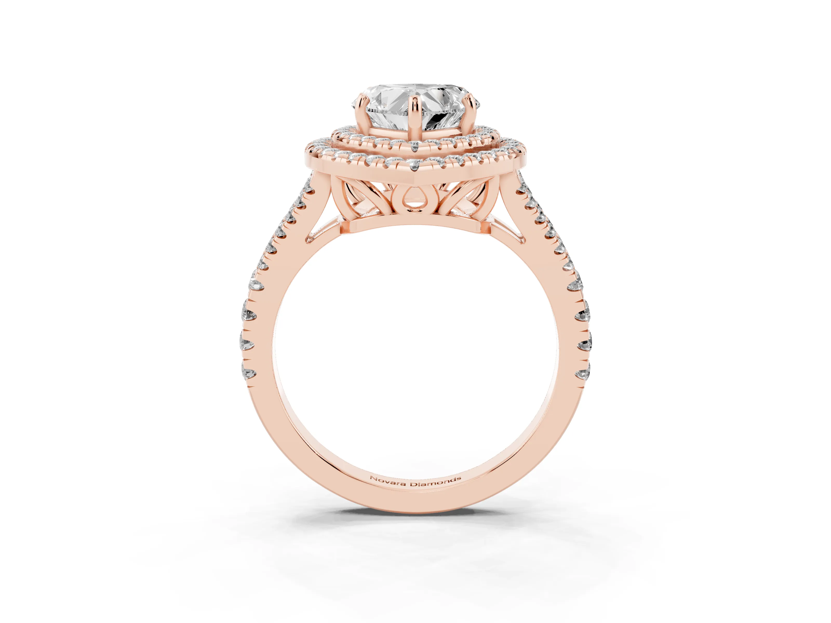 Heart Cut Diamond Double Halo Ring Set in Rose gold with Pavé Band