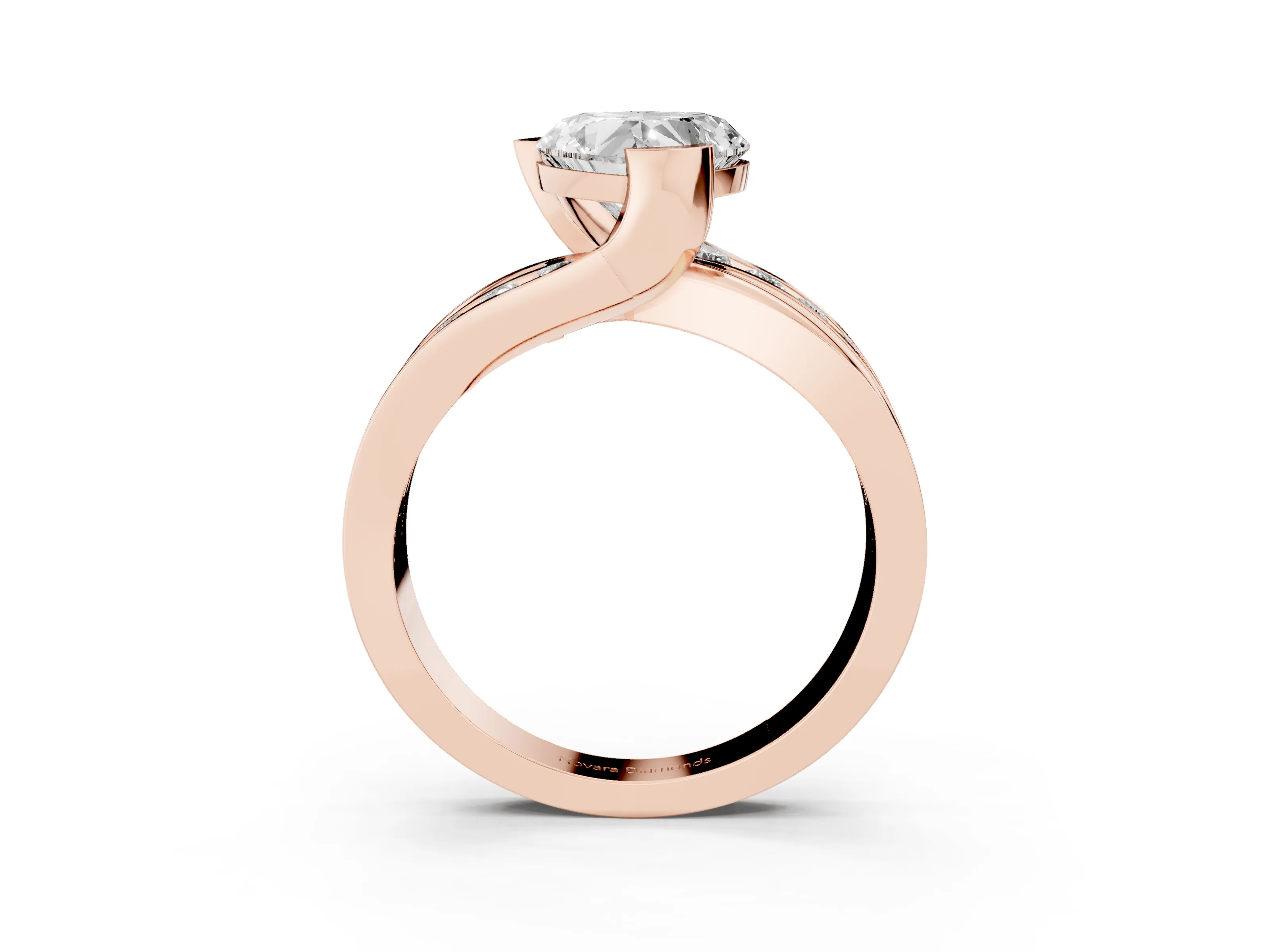 Heart Cut Diamond Solitaire Ring Set in Rose gold with Channel Set Split Shank and Tension Prongs