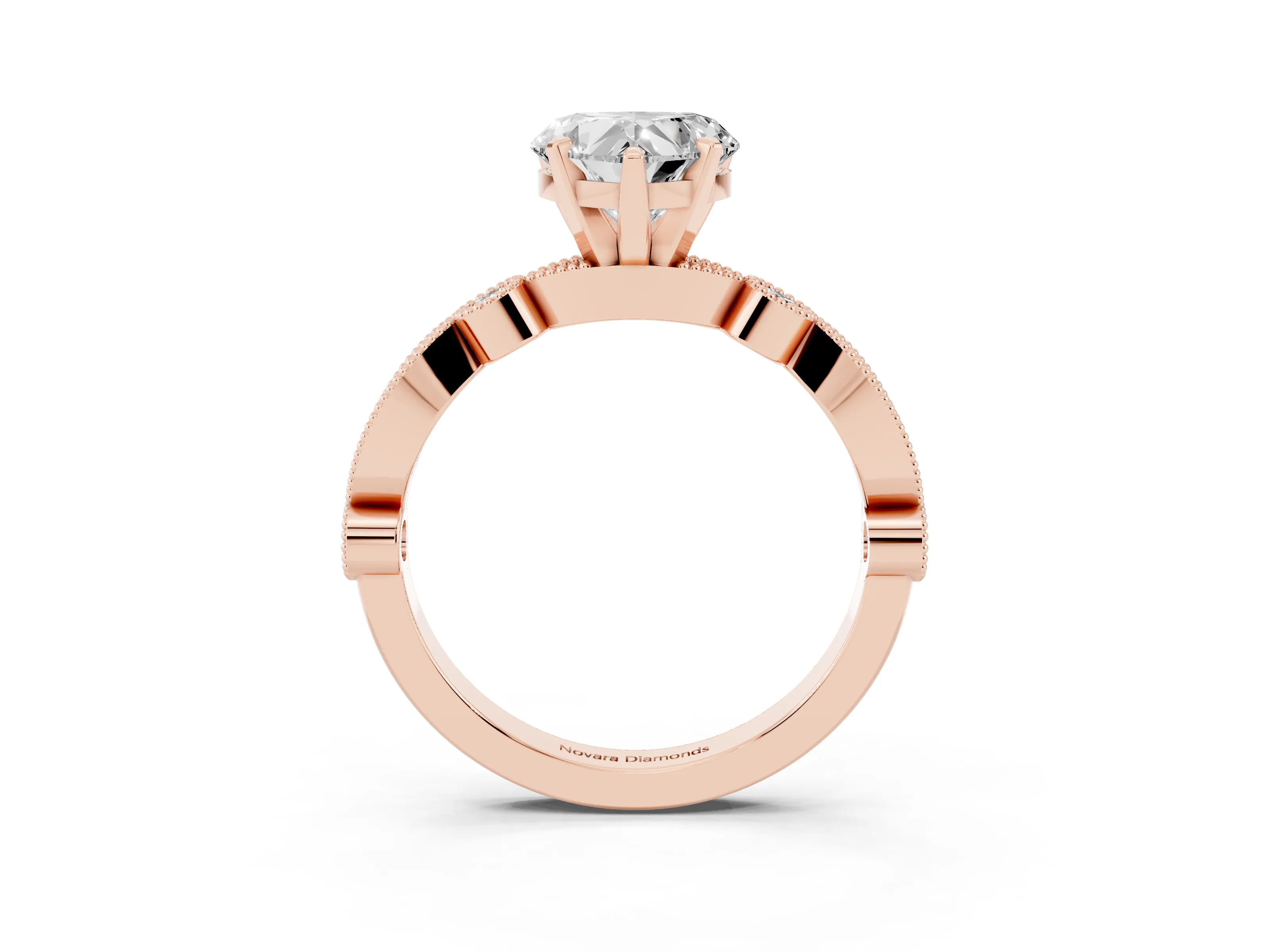 Heart Cut Diamond Solitaire Engagement Ring Set in Rose gold with Milgrain Bezel Accent Band