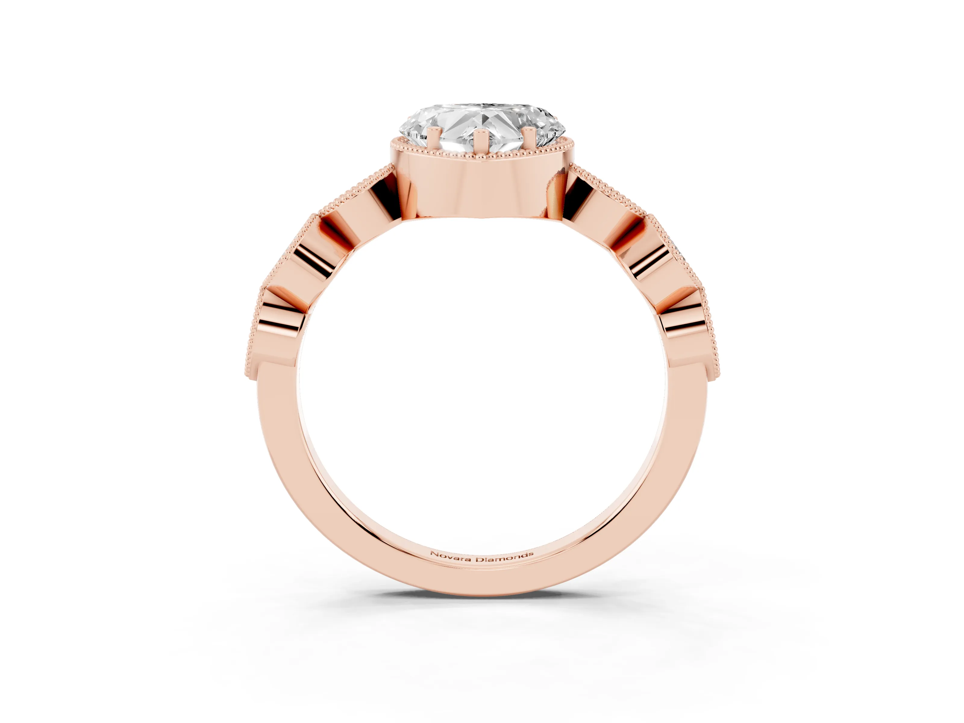 Heart Cut Diamond Vintage-Inspired Milgrain Ring Set in Rose gold with Marquise Stations of Round Accents