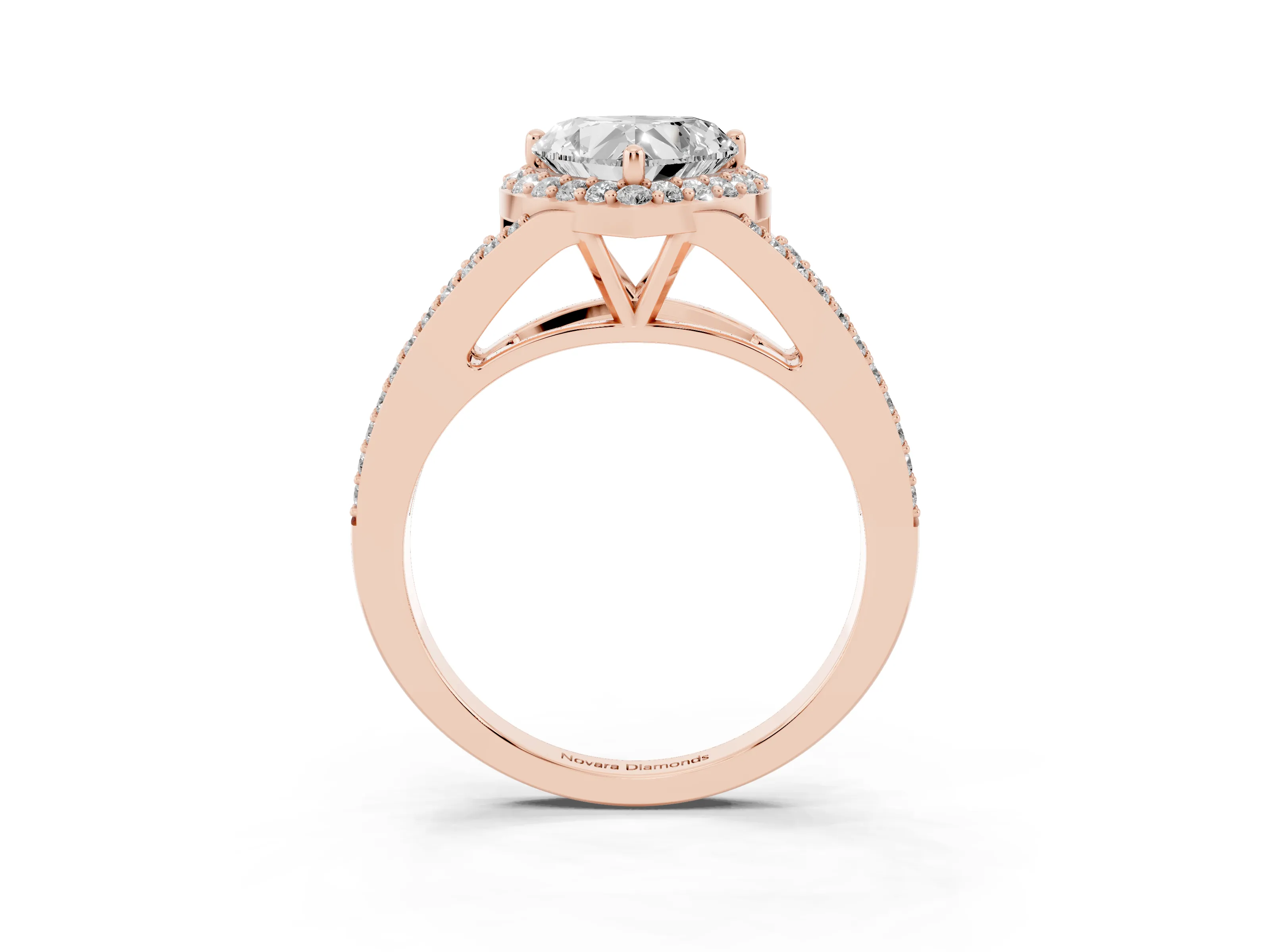 Heart Cut Diamond Halo Split Shank Pavé Ring Set in Rose gold with Prong Setting