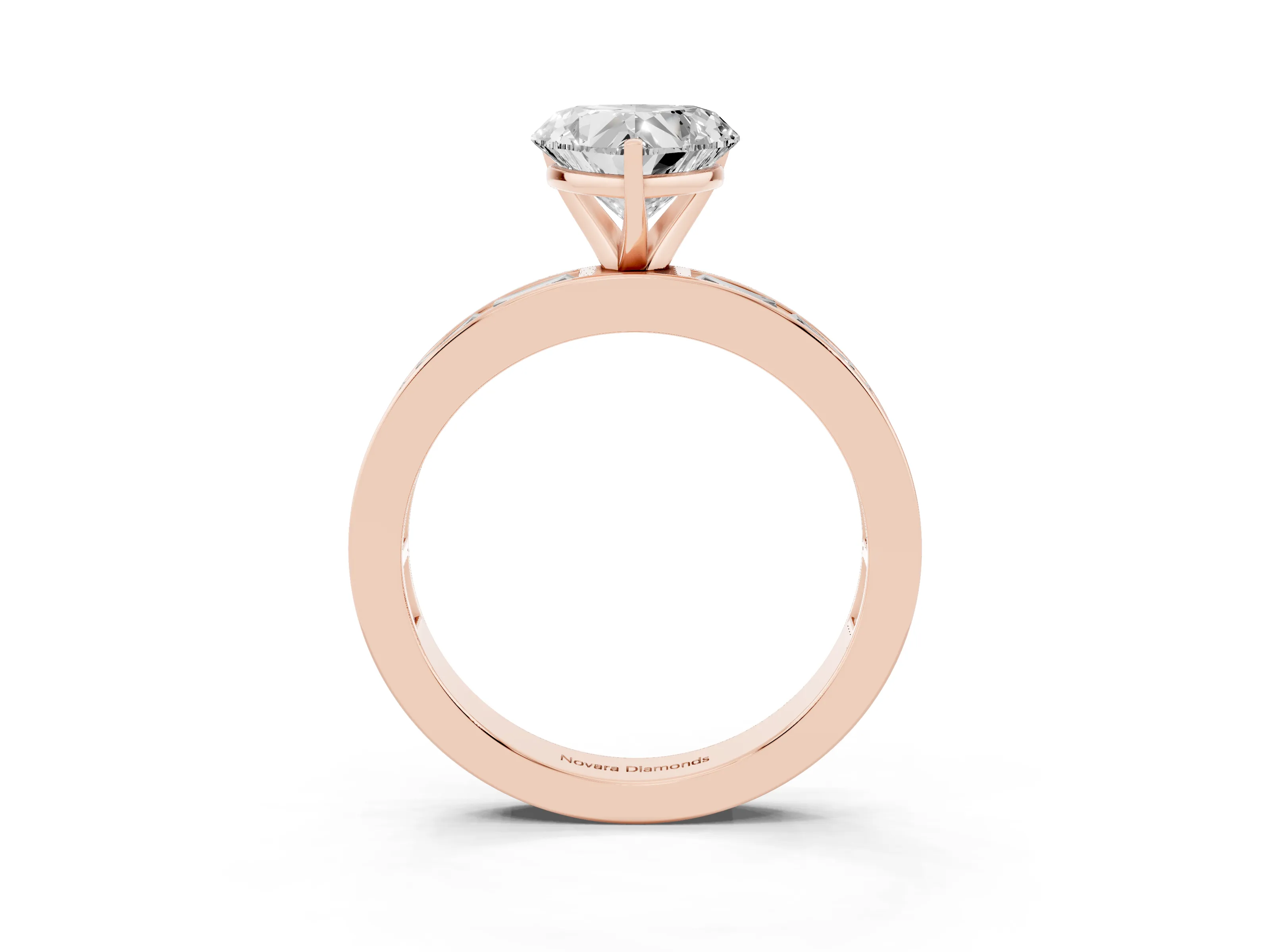 Heart Cut Diamond Solitaire Ring Set in Rose gold with Channel-Set Baguette Band and Prong Setting