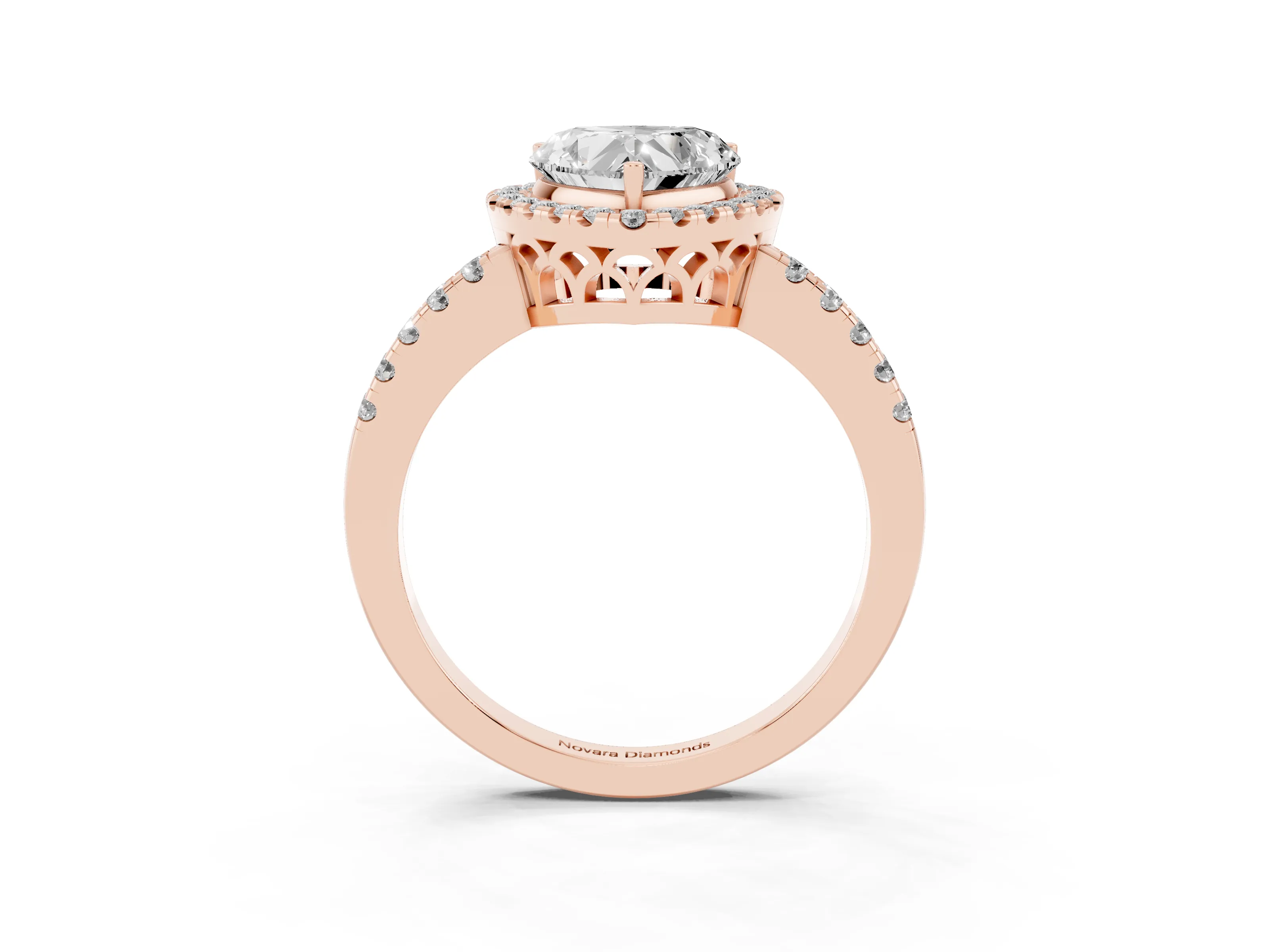 Heart Cut Diamond Pavé Band Halo Engagement Ring Set in Rose gold with Prong Setting