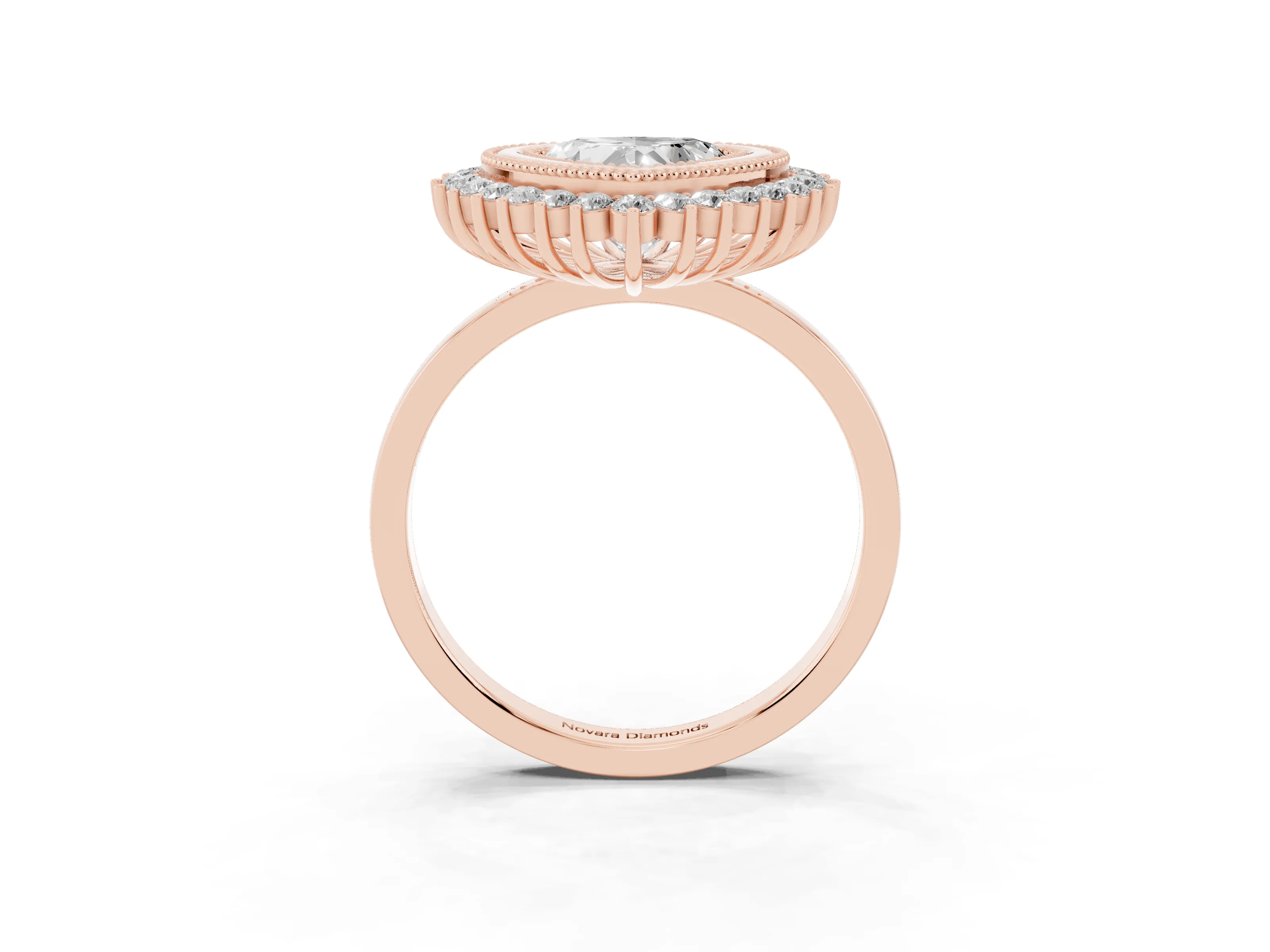 Heart Cut Diamond Halo Ring Set in Rose gold with Milgrain Edge and Round Prong Setting