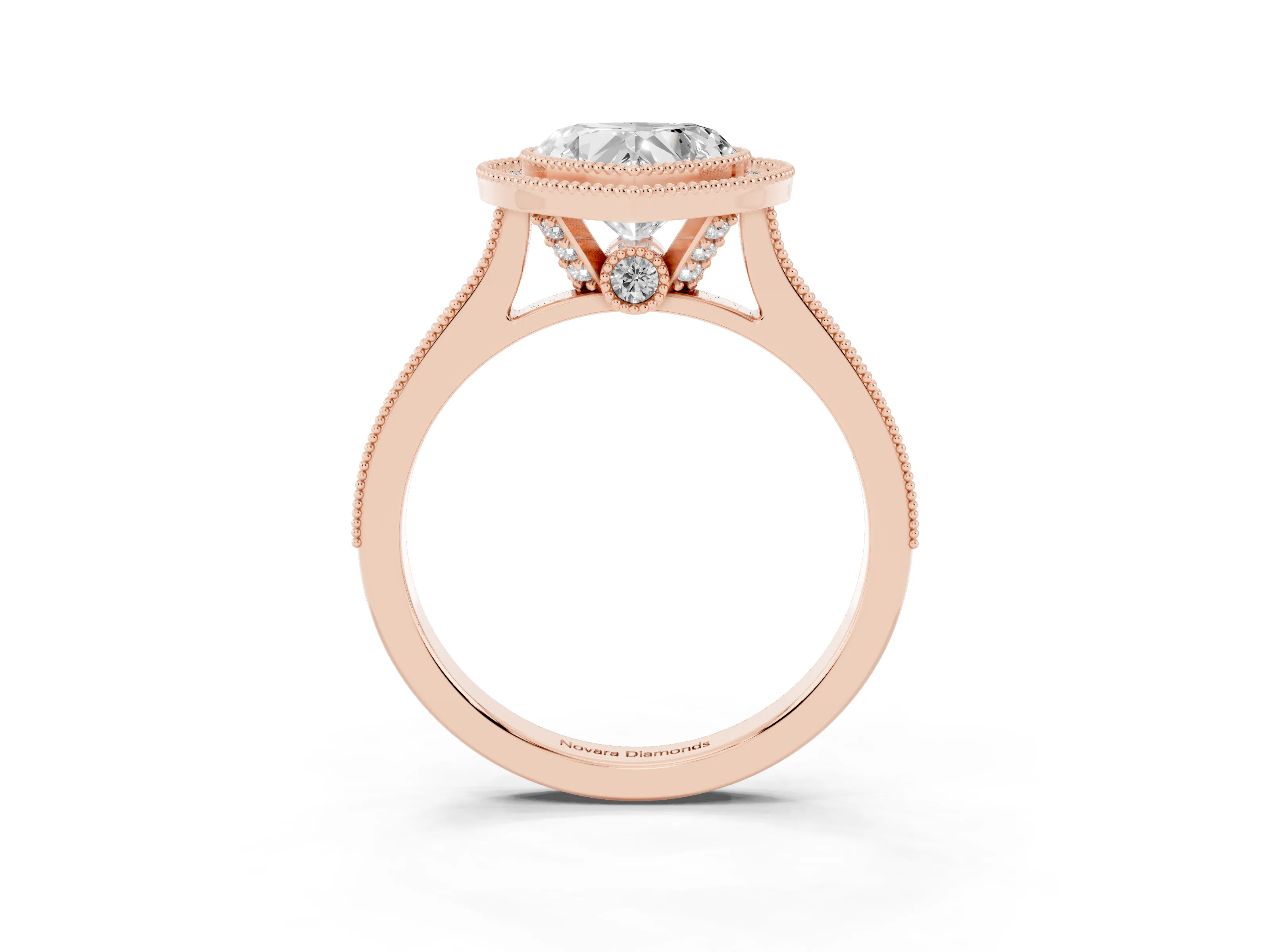 Heart Cut Diamond Halo Milgrain Pavé Band Ring Set in Rose gold with Prong Setting