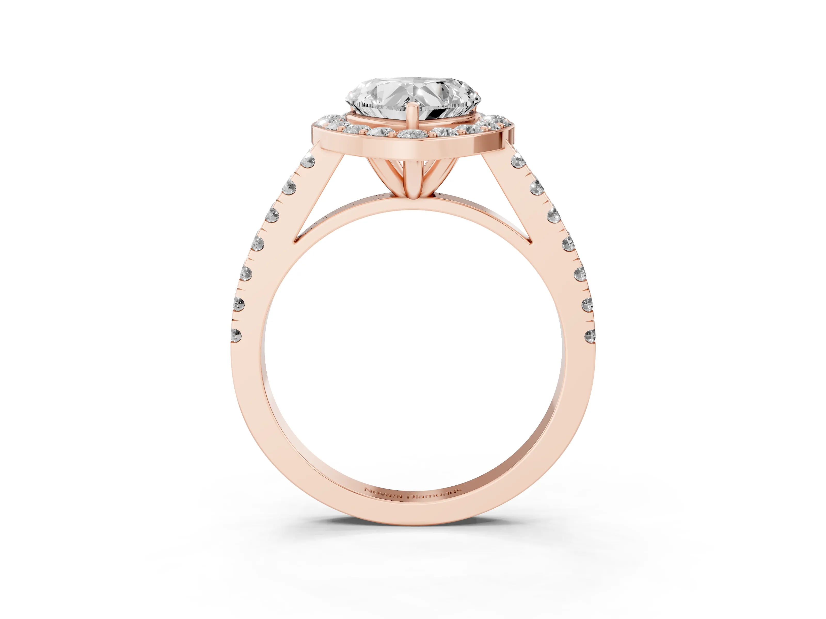 Heart Cut Diamond Halo Ring Set in Rose gold with Round Pavé Split Shank and Prong Setting