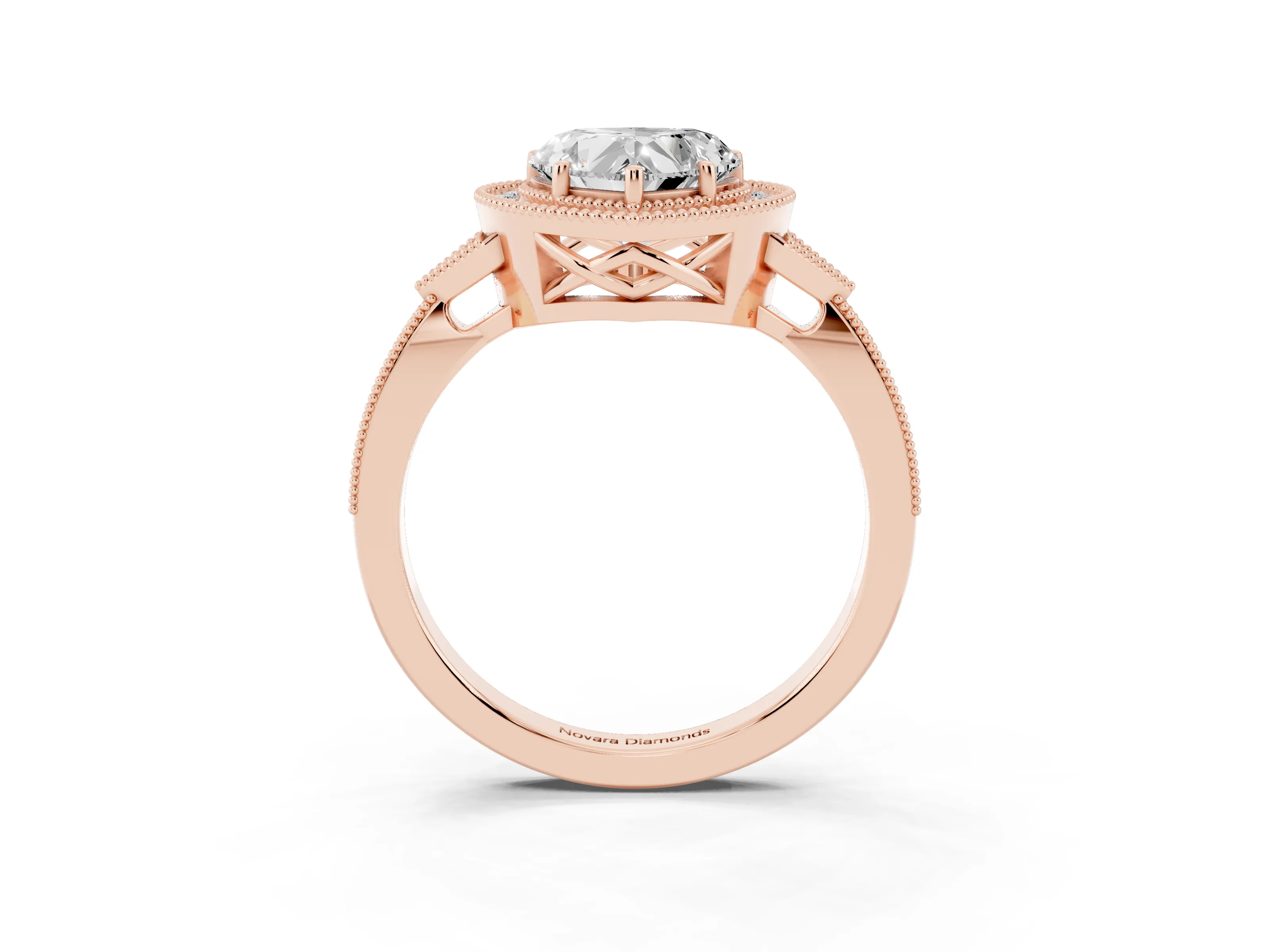 Heart Cut Diamond Halo Engagement Ring Set in Rose gold with Milgrain Pavé Band