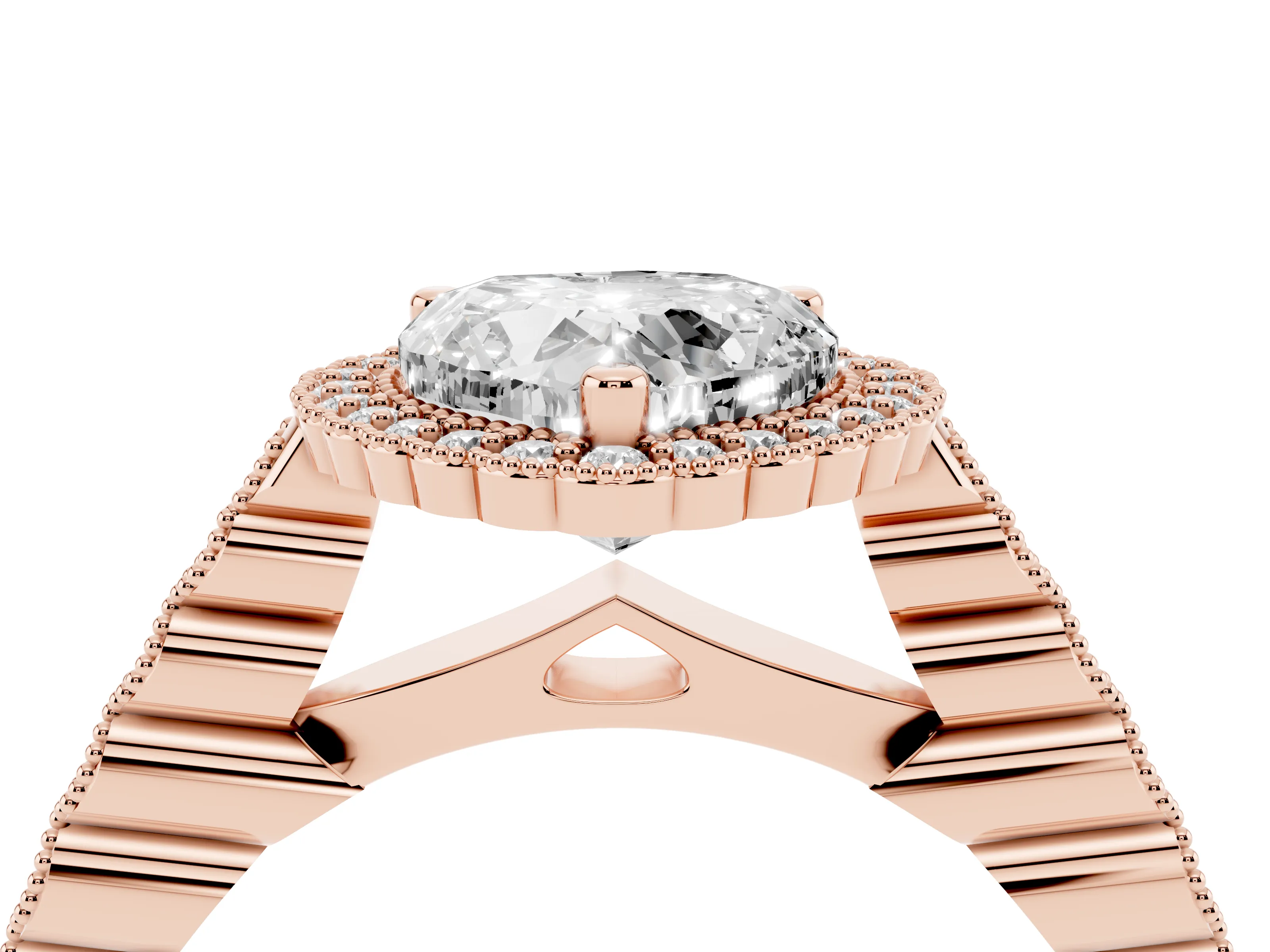Heart Cut Diamond Halo Ring Set in Rose gold with Pavé Milgrain Band