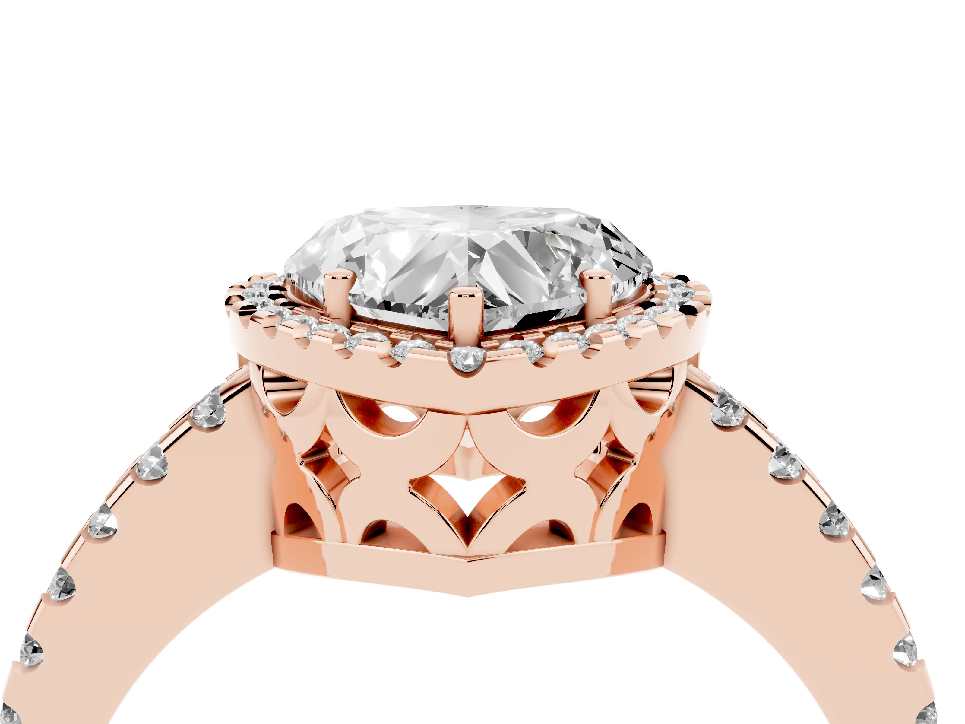 Heart Cut Diamond Halo Ring Set in Rose gold with Pavé Shoulders and Halo-Framed Center