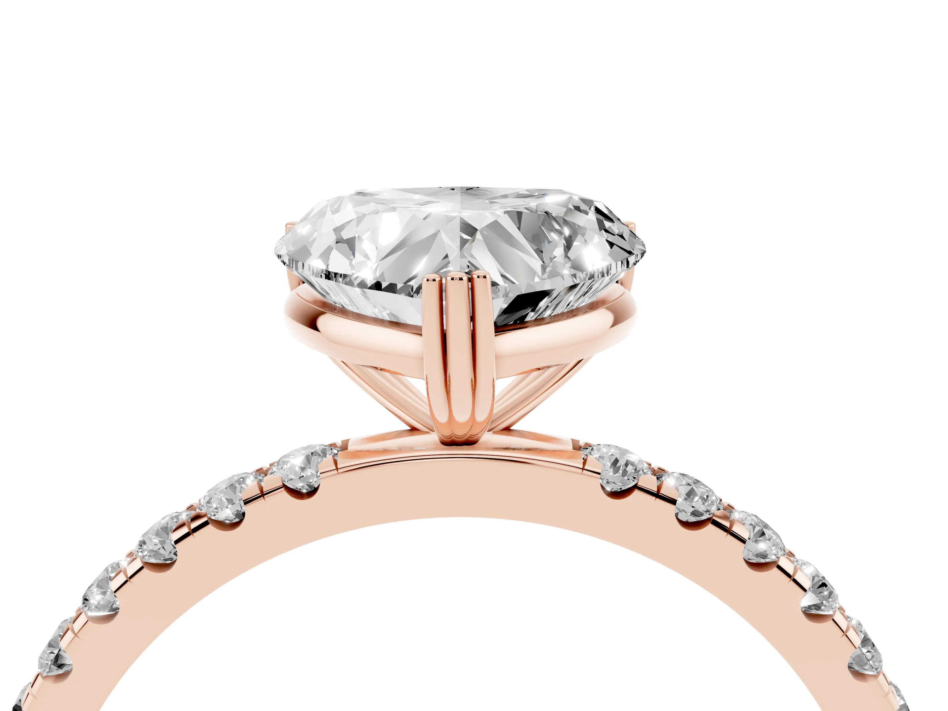 Heart Cut Diamond Brilliant Solitaire Set in Rose gold with Pavé Band and Claw Prong Setting