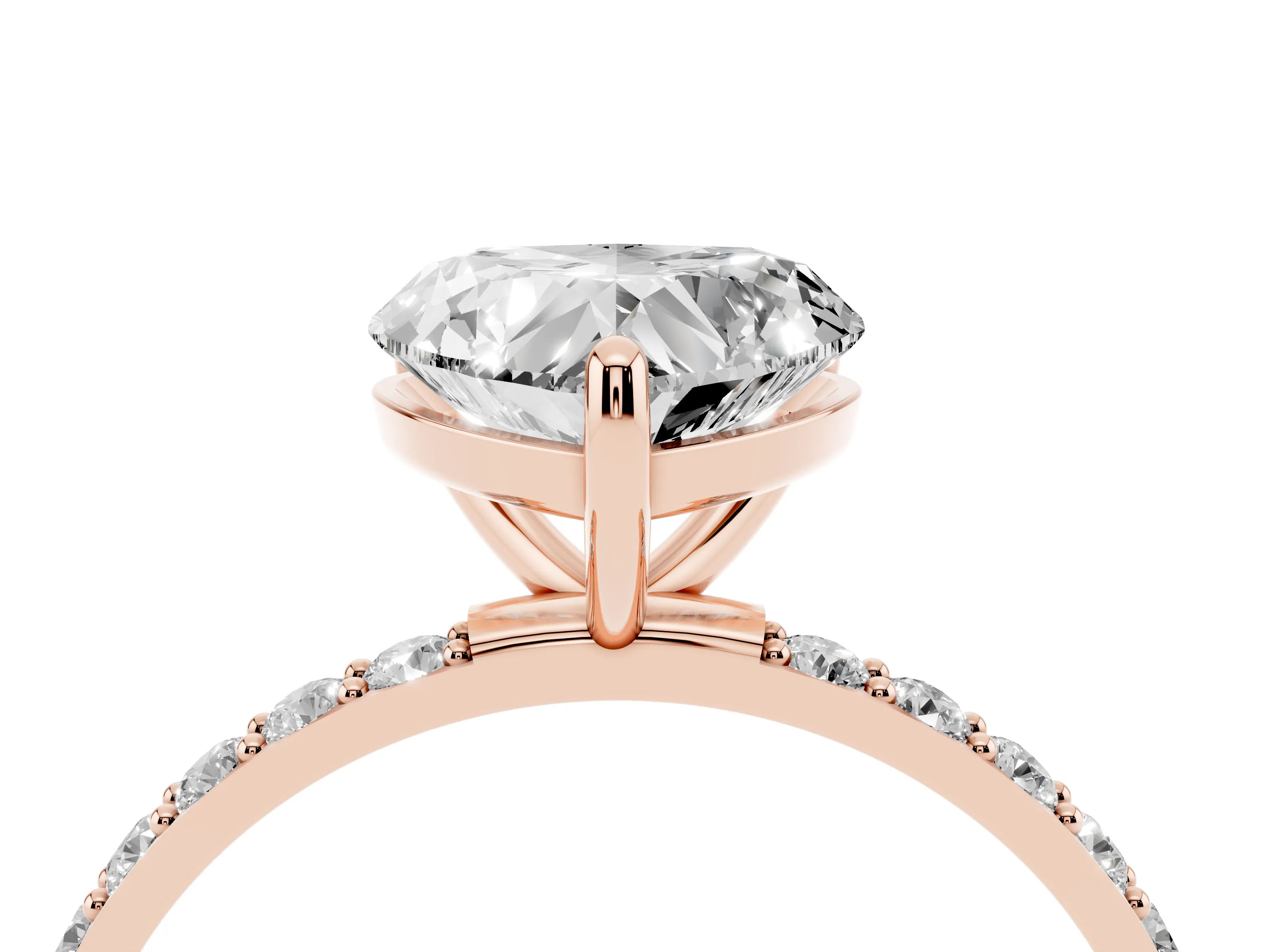 Heart Cut Diamond Solitaire Ring Set in Rose gold with Round Pavé Band and Prong Setting