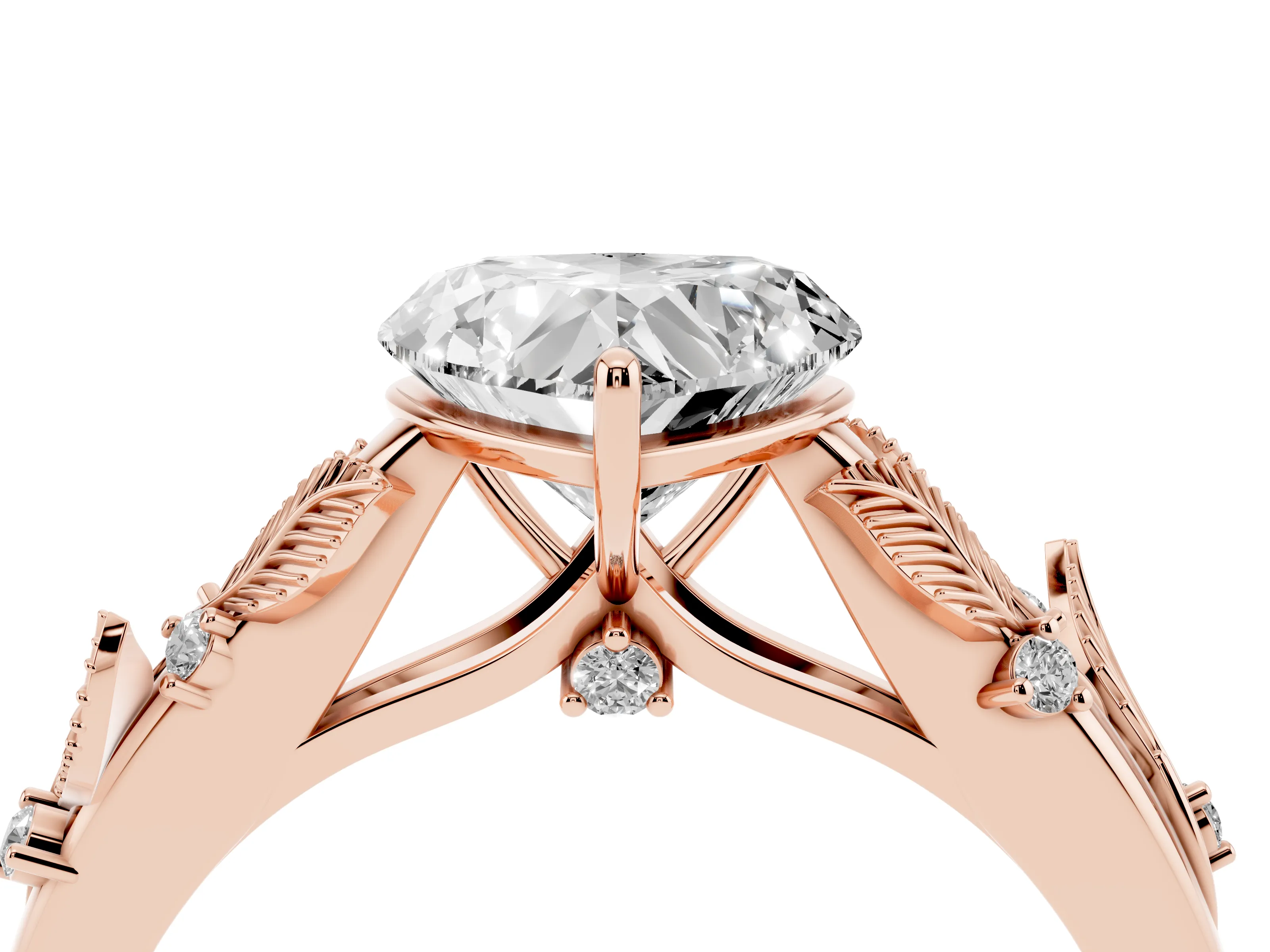 Heart Cut Diamond Solitaire Ring Set in Rose gold with Leaf Motif Band