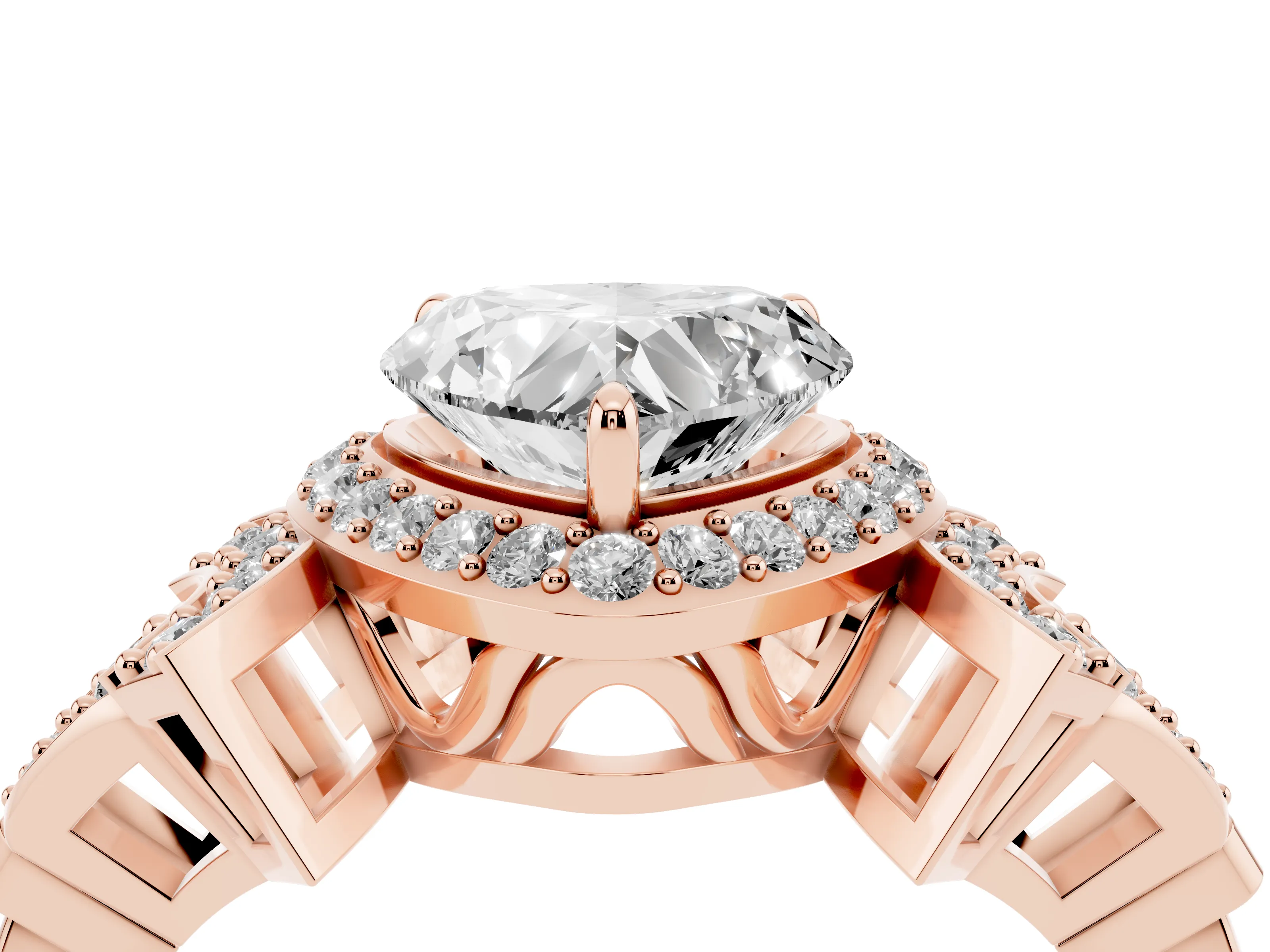 Heart Cut Diamond Halo Engagement Ring Set in Rose gold with Accent Stone Split Shank