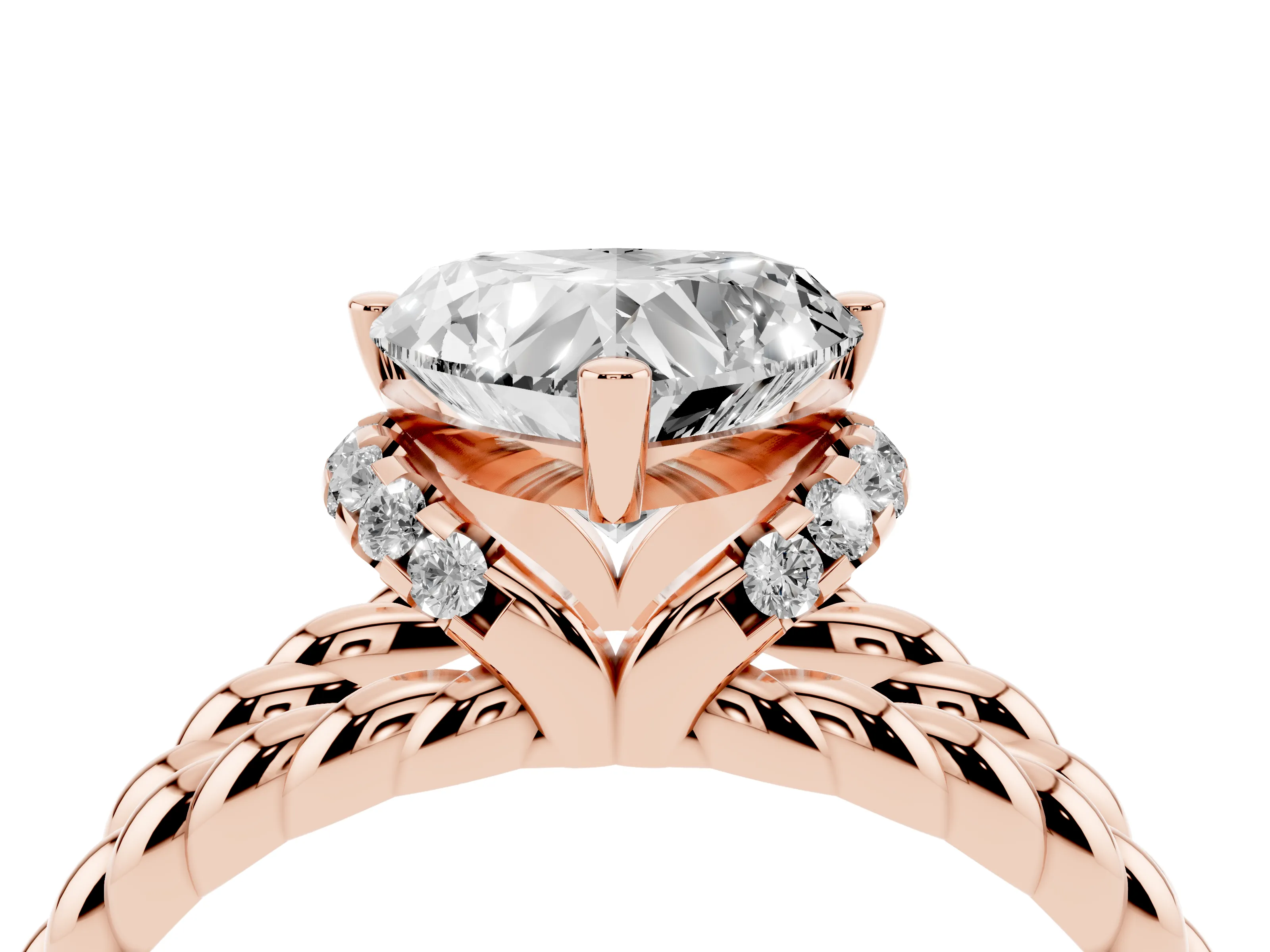 Heart Cut Diamond Halo Ring Set in Rose gold with Twisted Band and Prong Setting