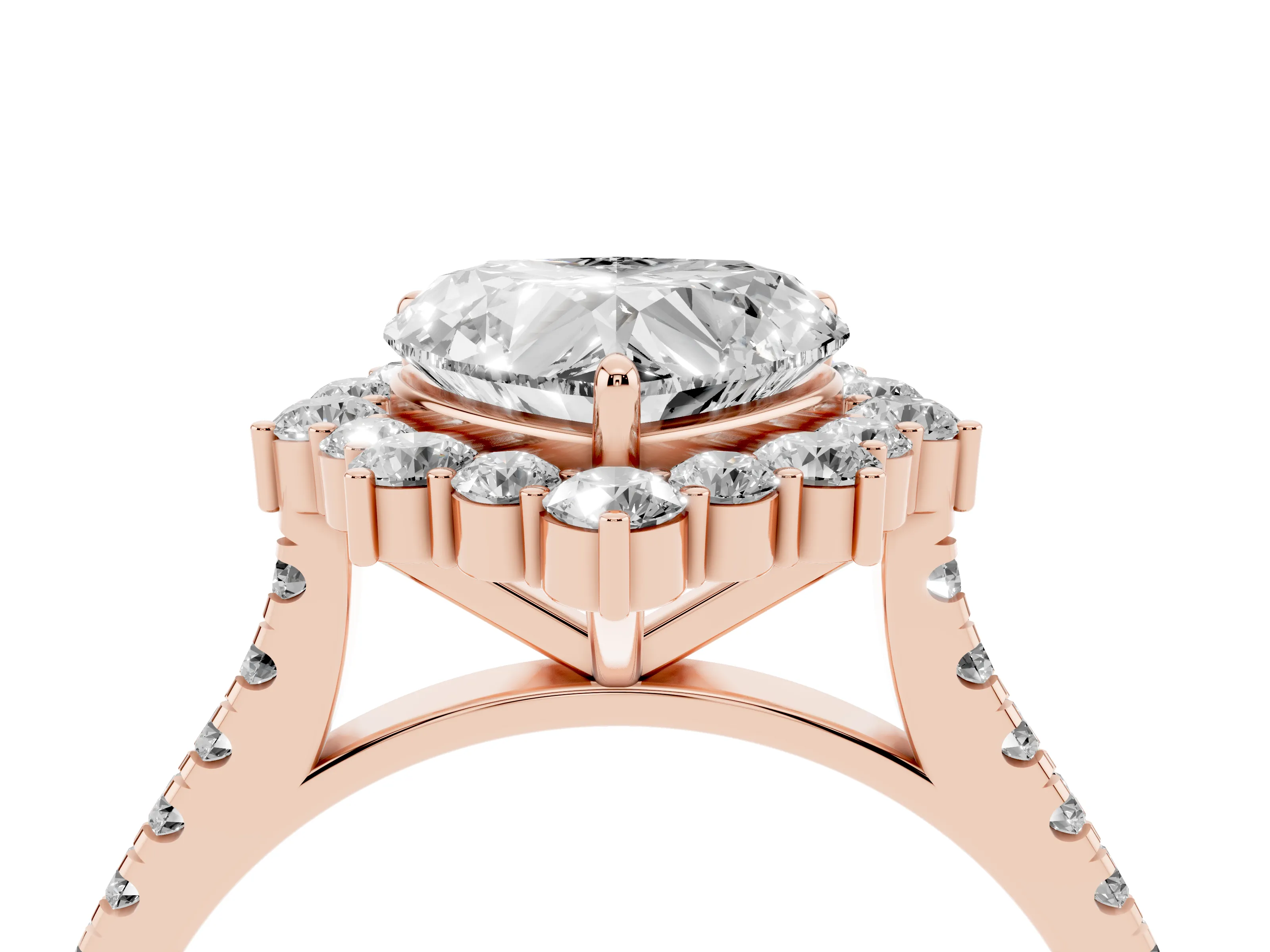 Heart Cut Diamond Halo Ring Set in Rose gold with Pavé Band and Prong Setting