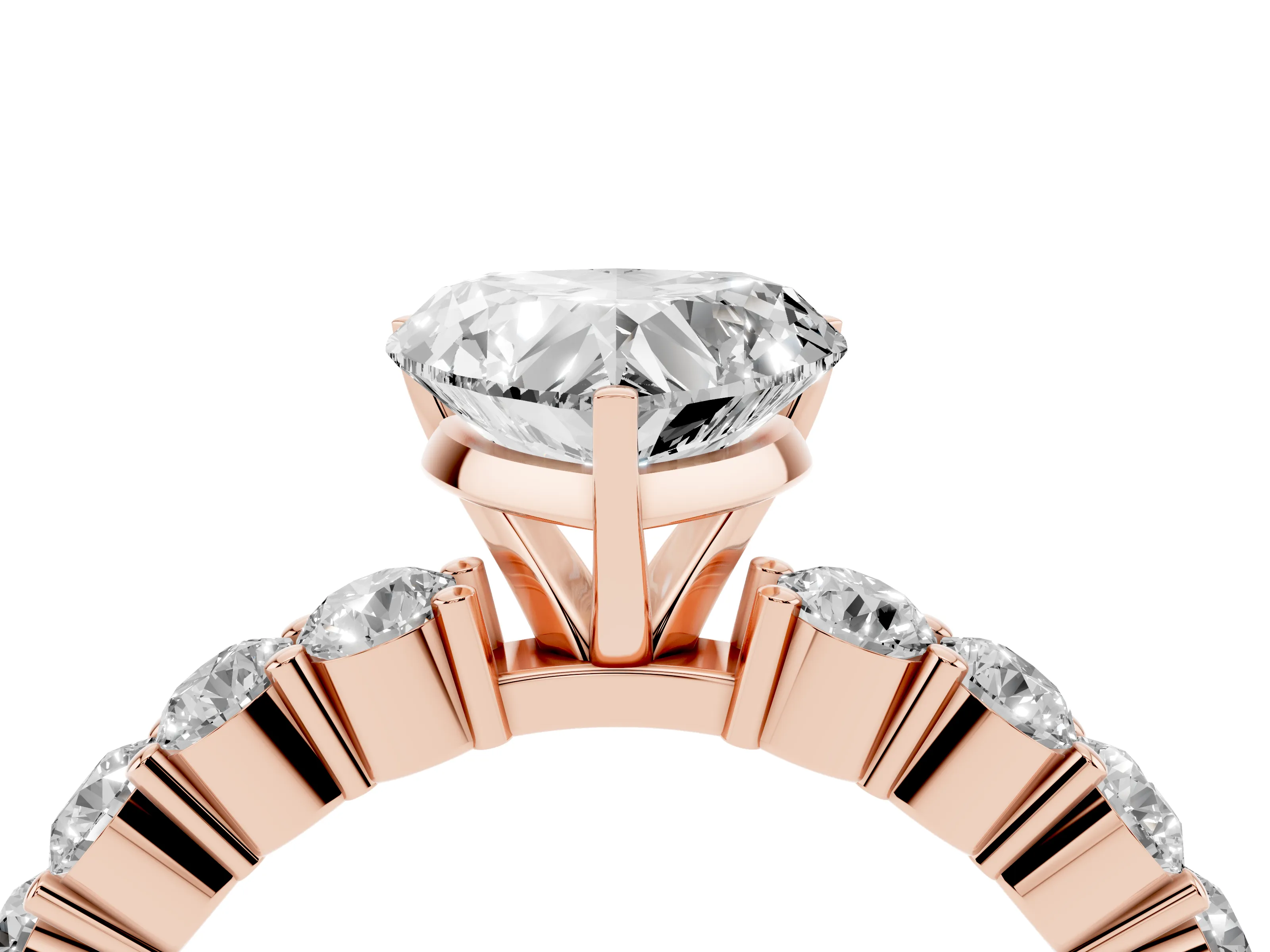 Heart Cut Diamond Solitaire Ring Set in Rose gold with Shared Prong Round Side Stones