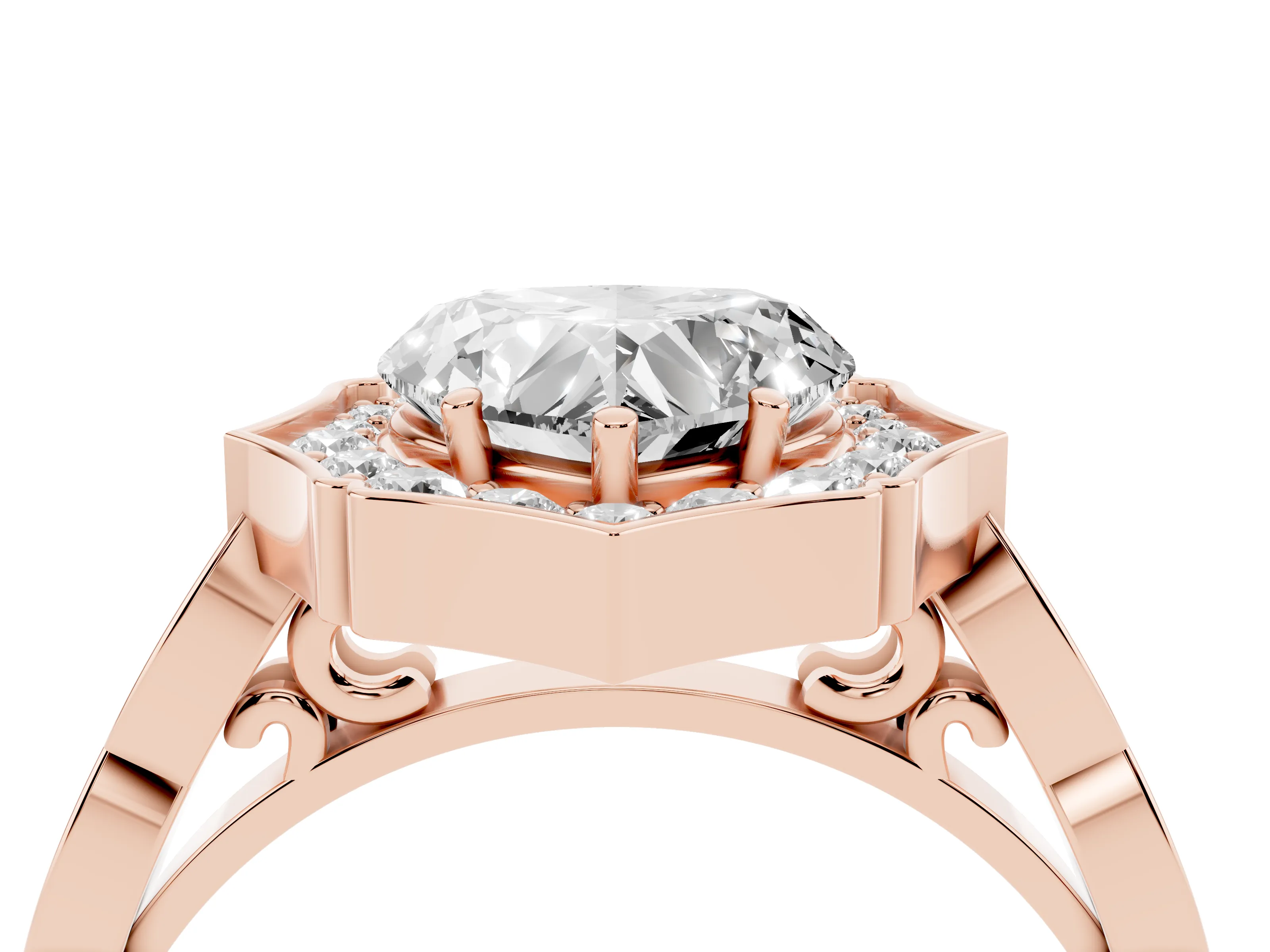 Heart Cut Diamond Halo Engagement Ring Set in Rose gold with Milgrain Band and Prong Setting