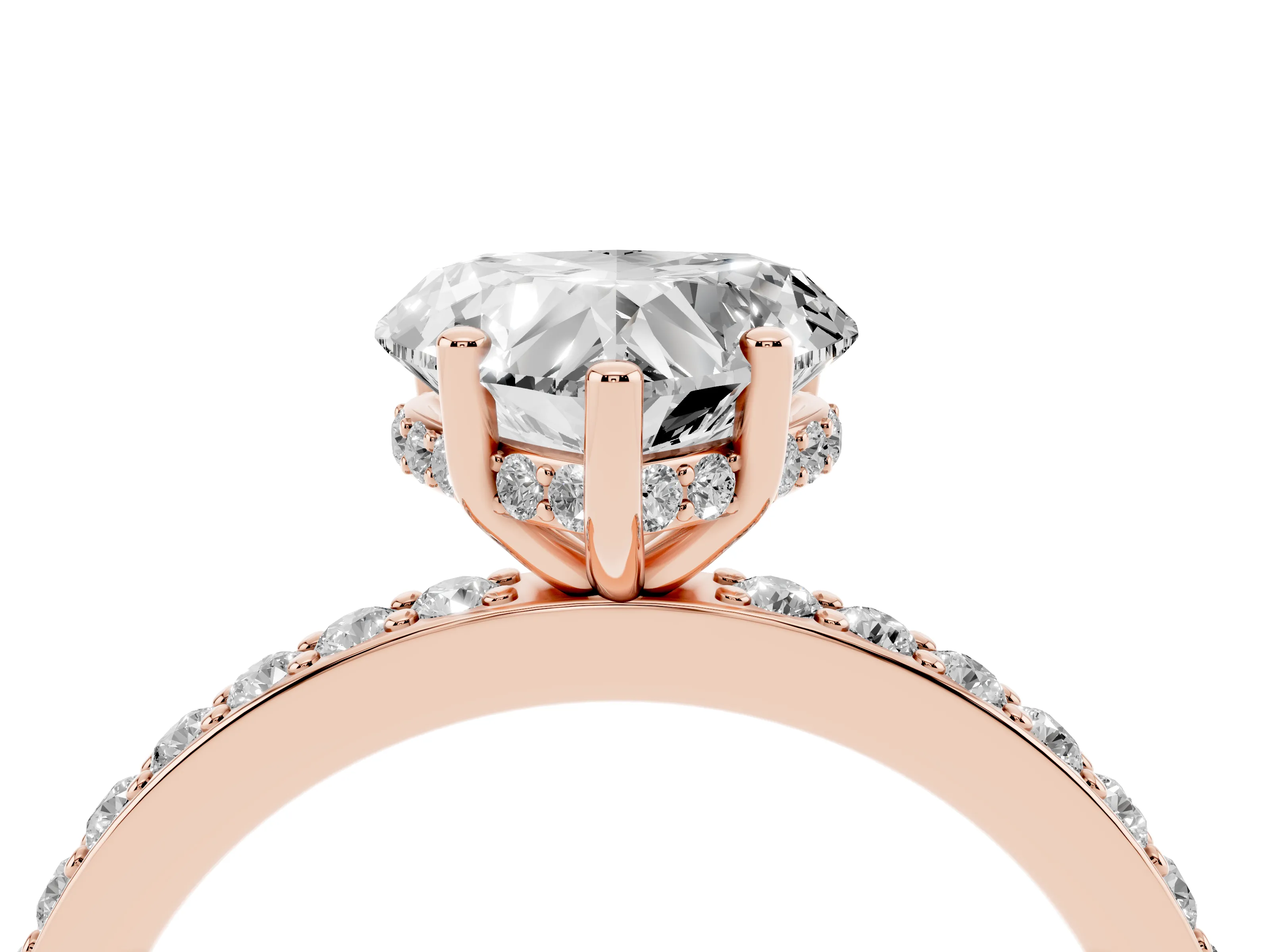 Heart Cut Diamond Pavé Band Ring Set in Rose gold with Prong-Set Center Stone