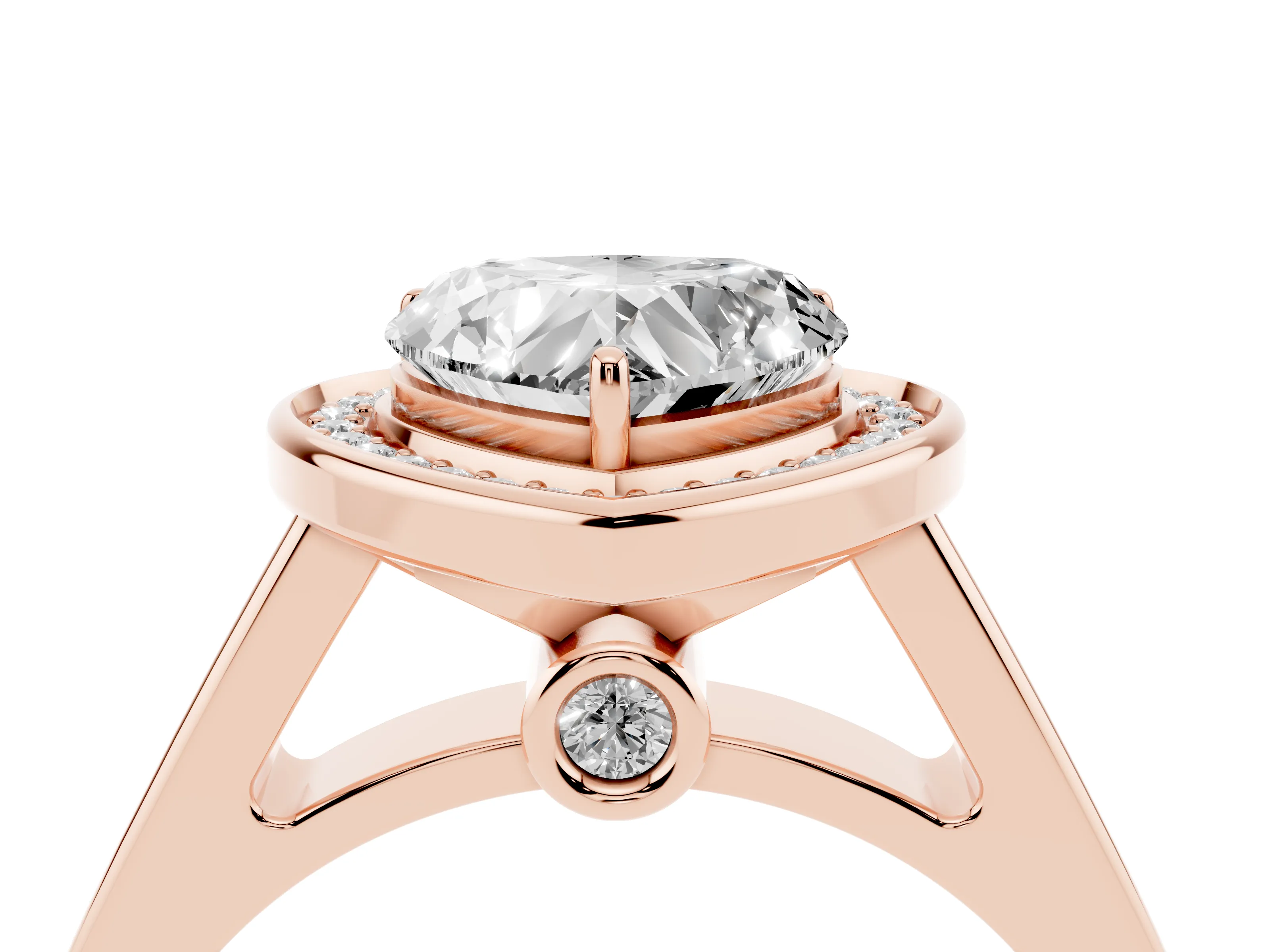Heart Cut Diamond Halo Solitaire Ring Set in Rose gold with Pavé Band and Bezel Setting