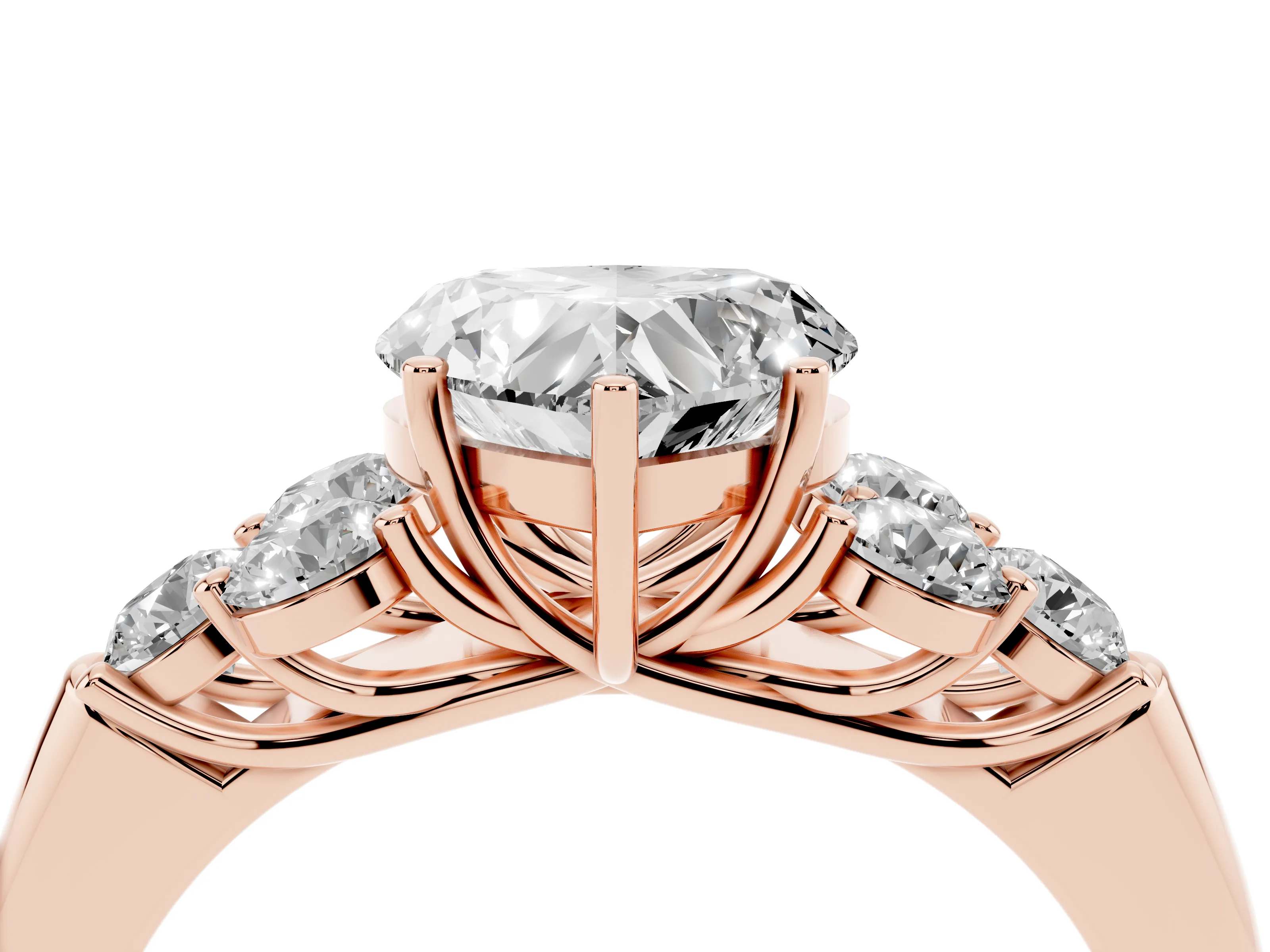 Heart Cut Diamond Cluster Ring Set in Rose gold with Round Accent Stones and Prong Setting on a Plain Band