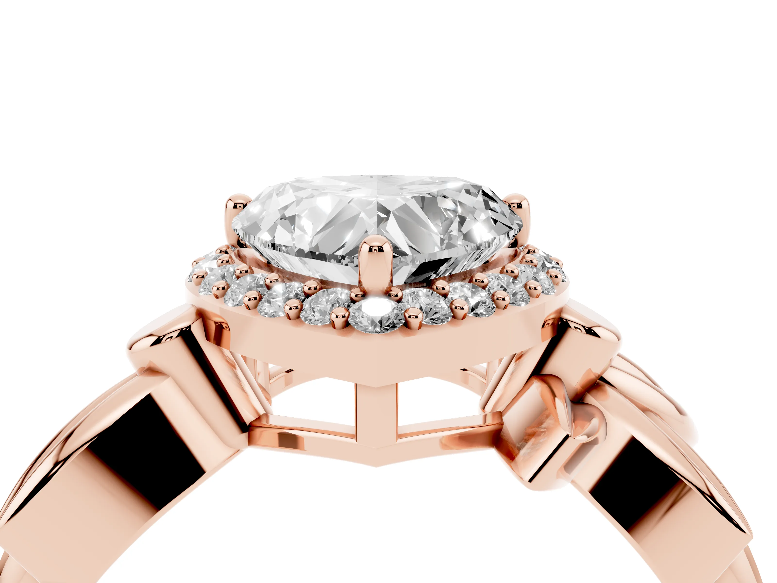 Heart Cut Diamond Halo Floral Band Ring Set in Rose gold with Prong Setting
